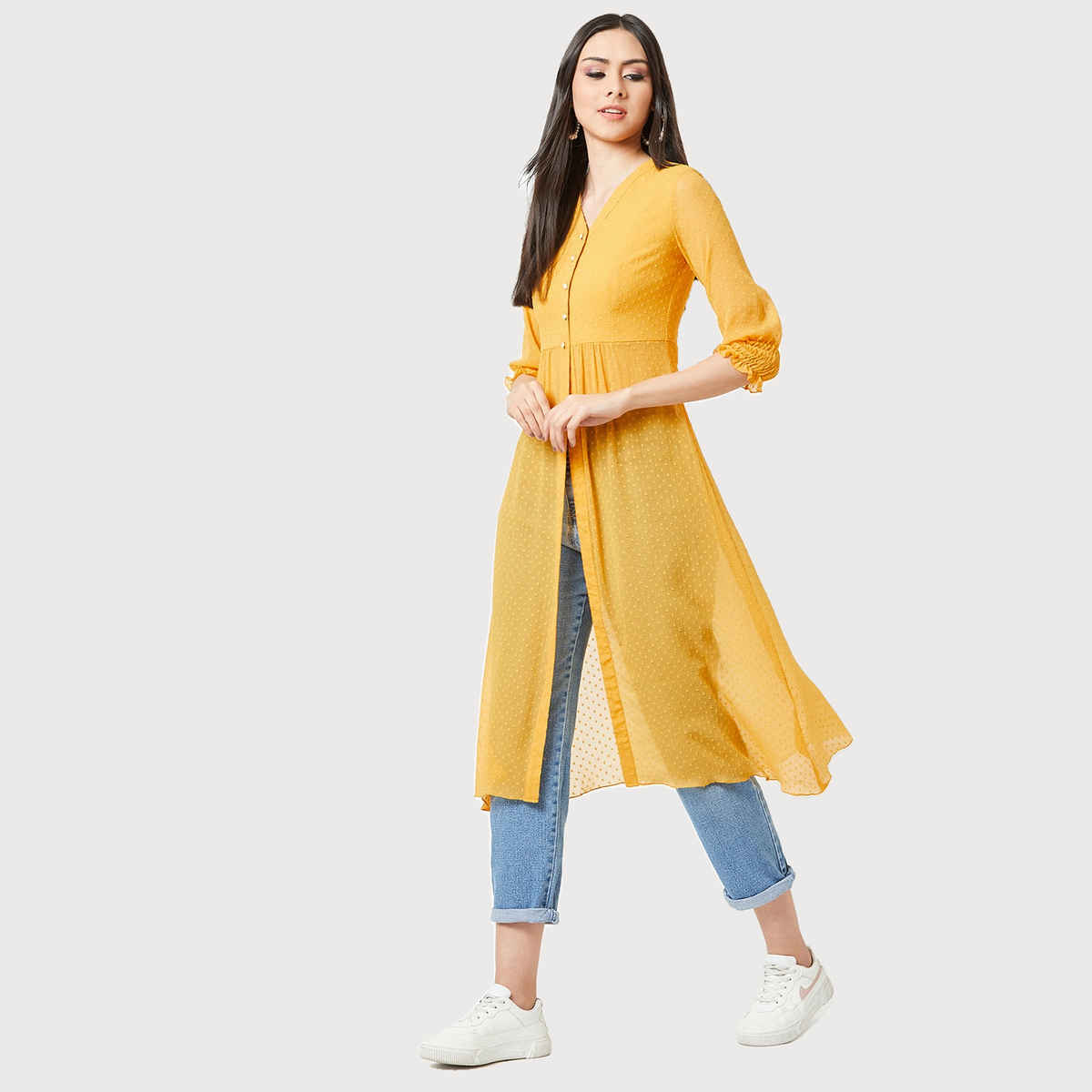 Miss Chase Twist The Victorian Sleeve Maxi Slit Top | Mustard-Yellow - L