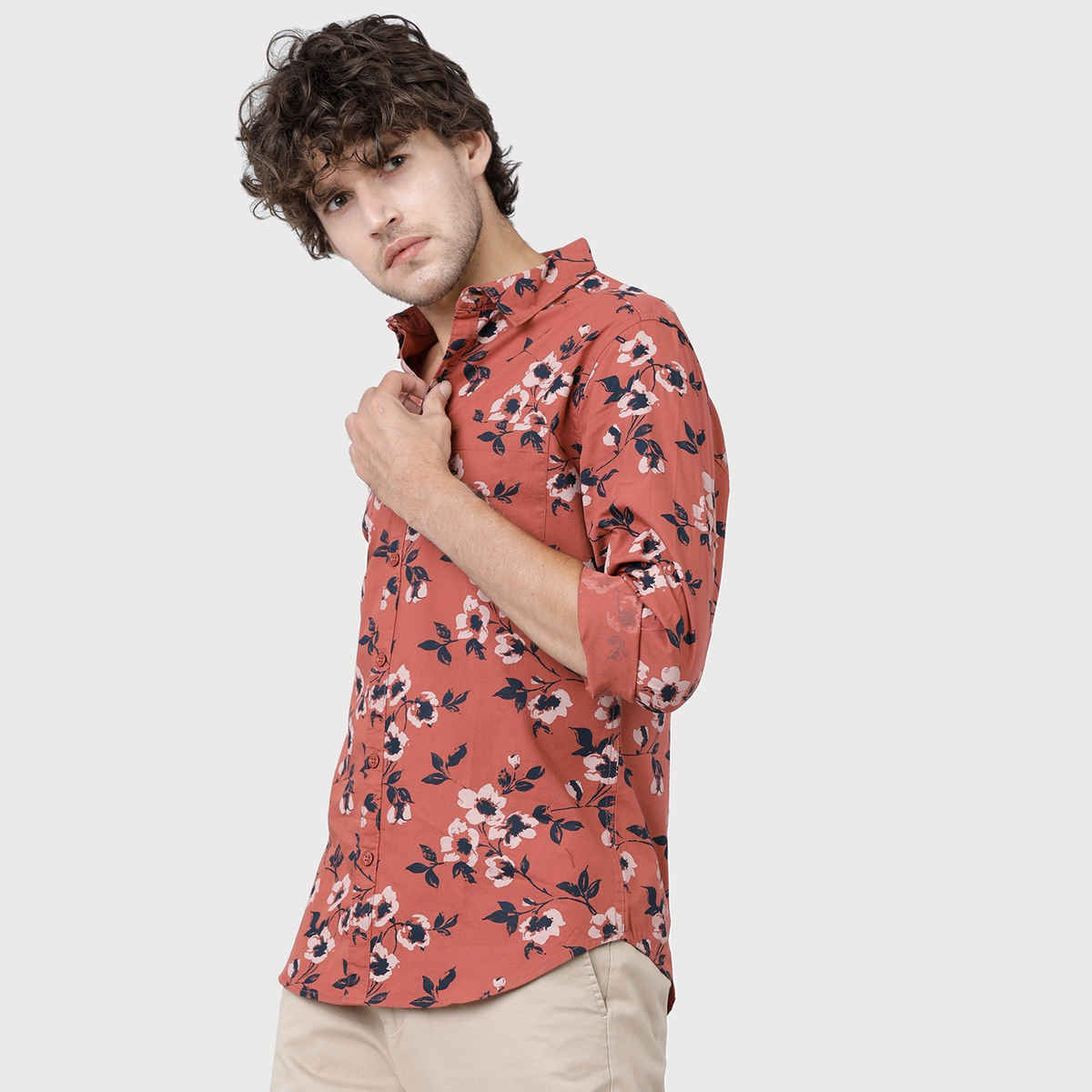 Highlander Men's Slim Fit Floral Printed Casual Shirt - Rust and Black | L