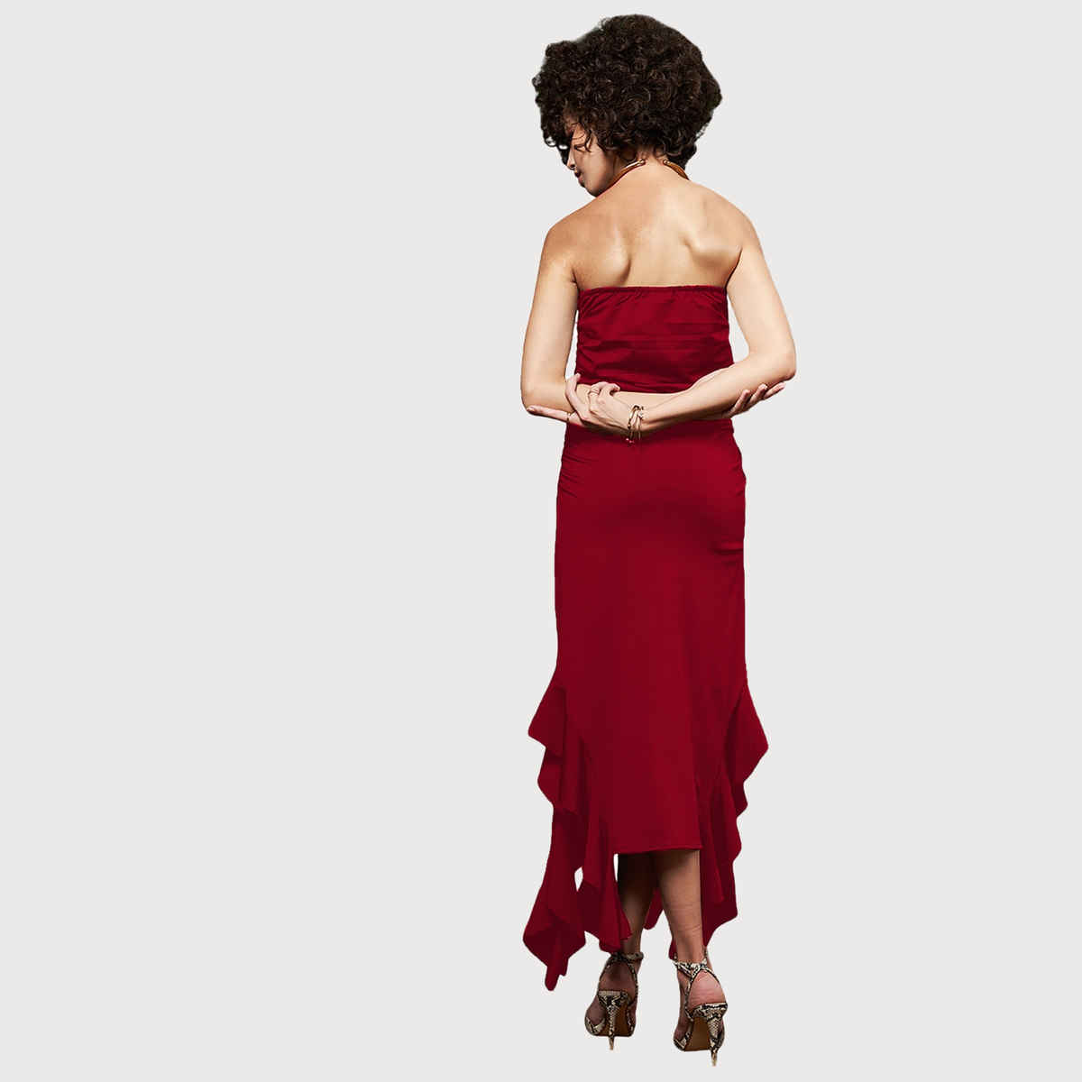 Athena Women's Ruffled Strapless Asymmetric Hem Maxi Dress | Red - XL