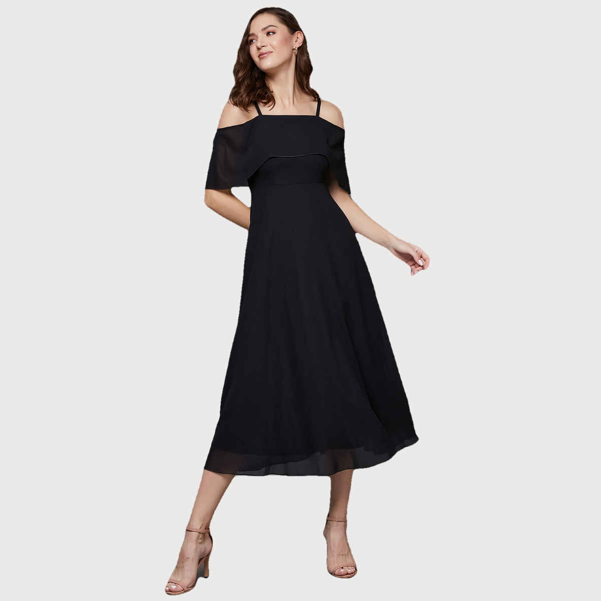 Miss Chase Women Bardot Style Sleeveless Spaghetti Strap Off Shoulder Midi Skater Dress | Black | S