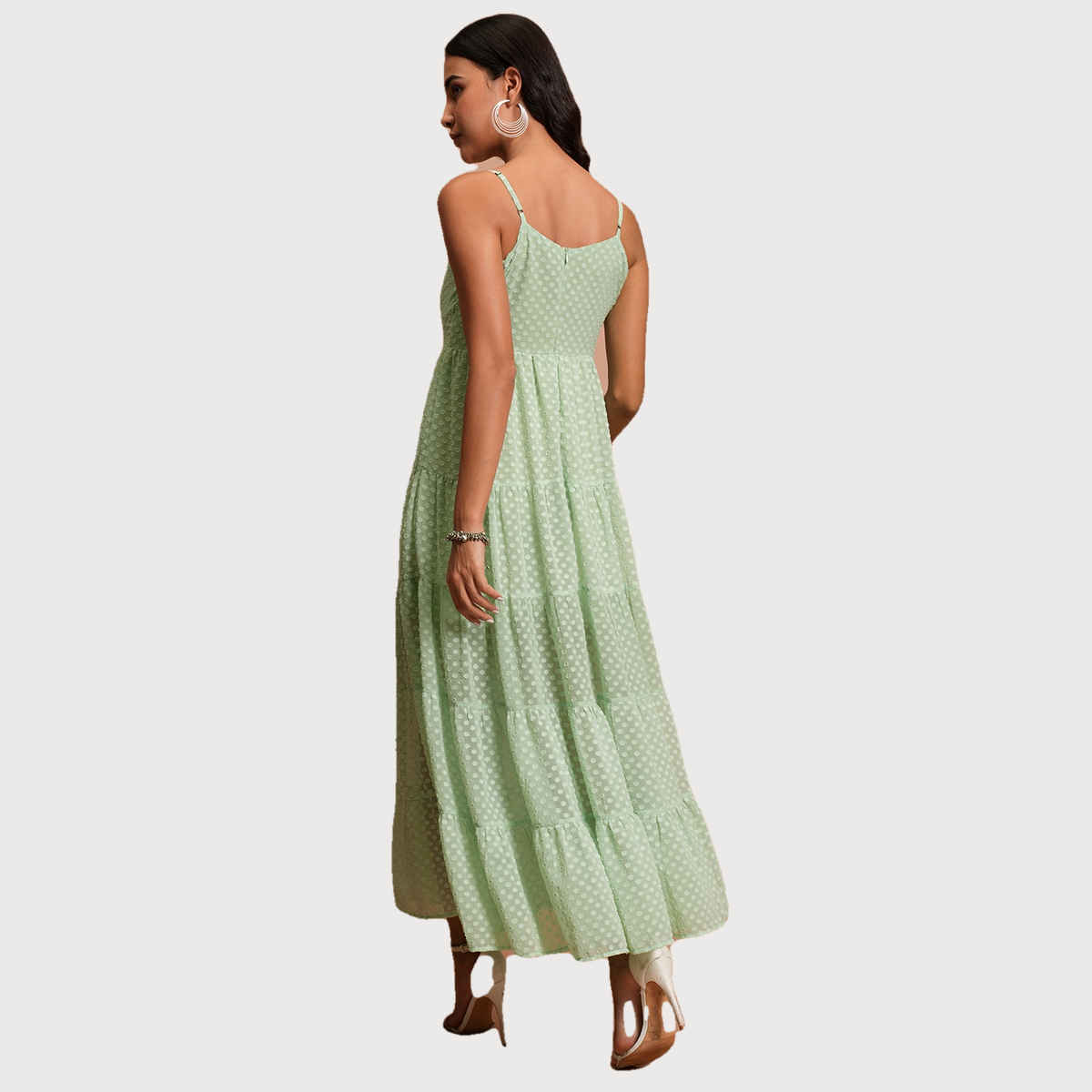 Ketch Women's Self Design Shoulder Strap Fit & Flare Midi Dress | Green | M