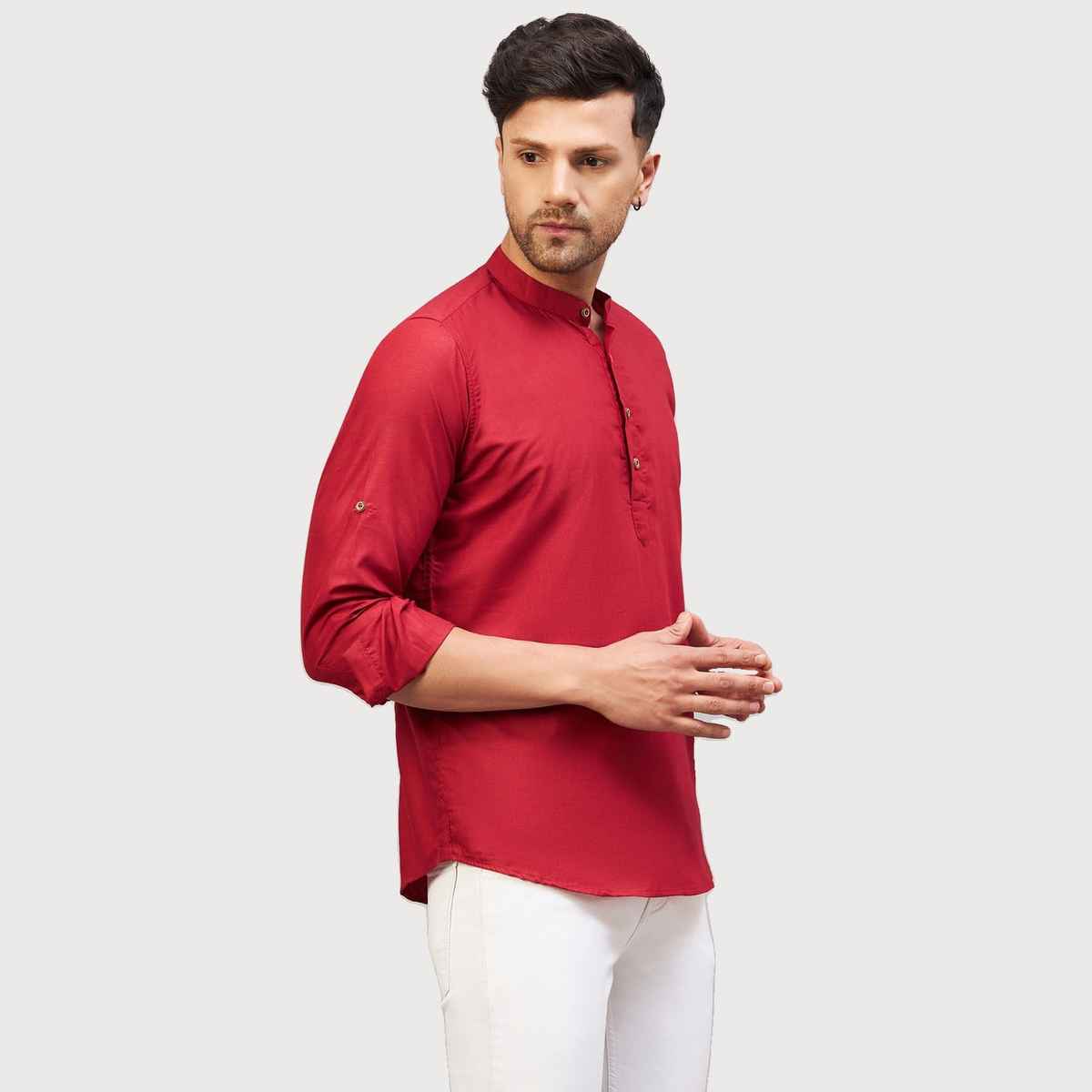 Vastramay Men's Cotton Blend Short Kurta for Eid | Maroon - XL