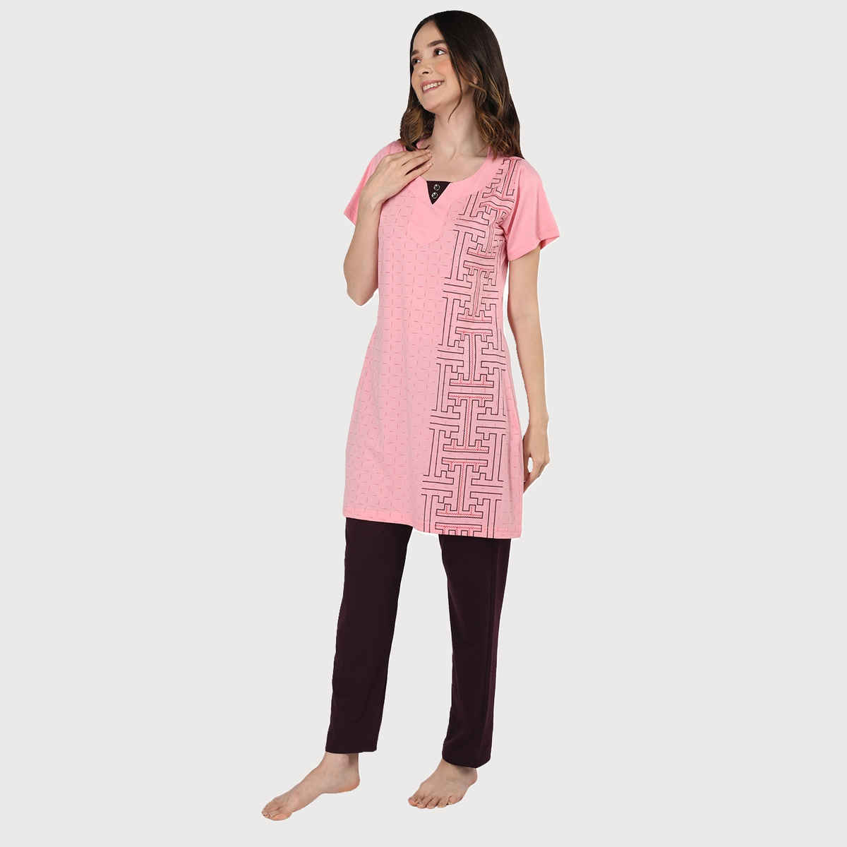 Duchess Women s Cotton Regular Fit Printed & Embroided Long Length Night Suit Set - Carrot | 2XL