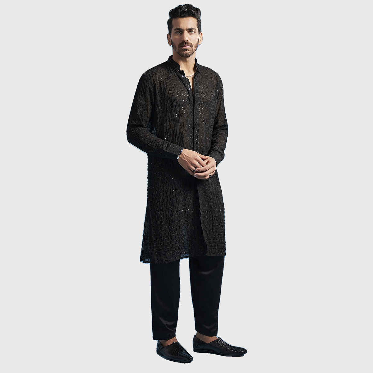 Vastramay Men's Georgette Kurta | Black - M