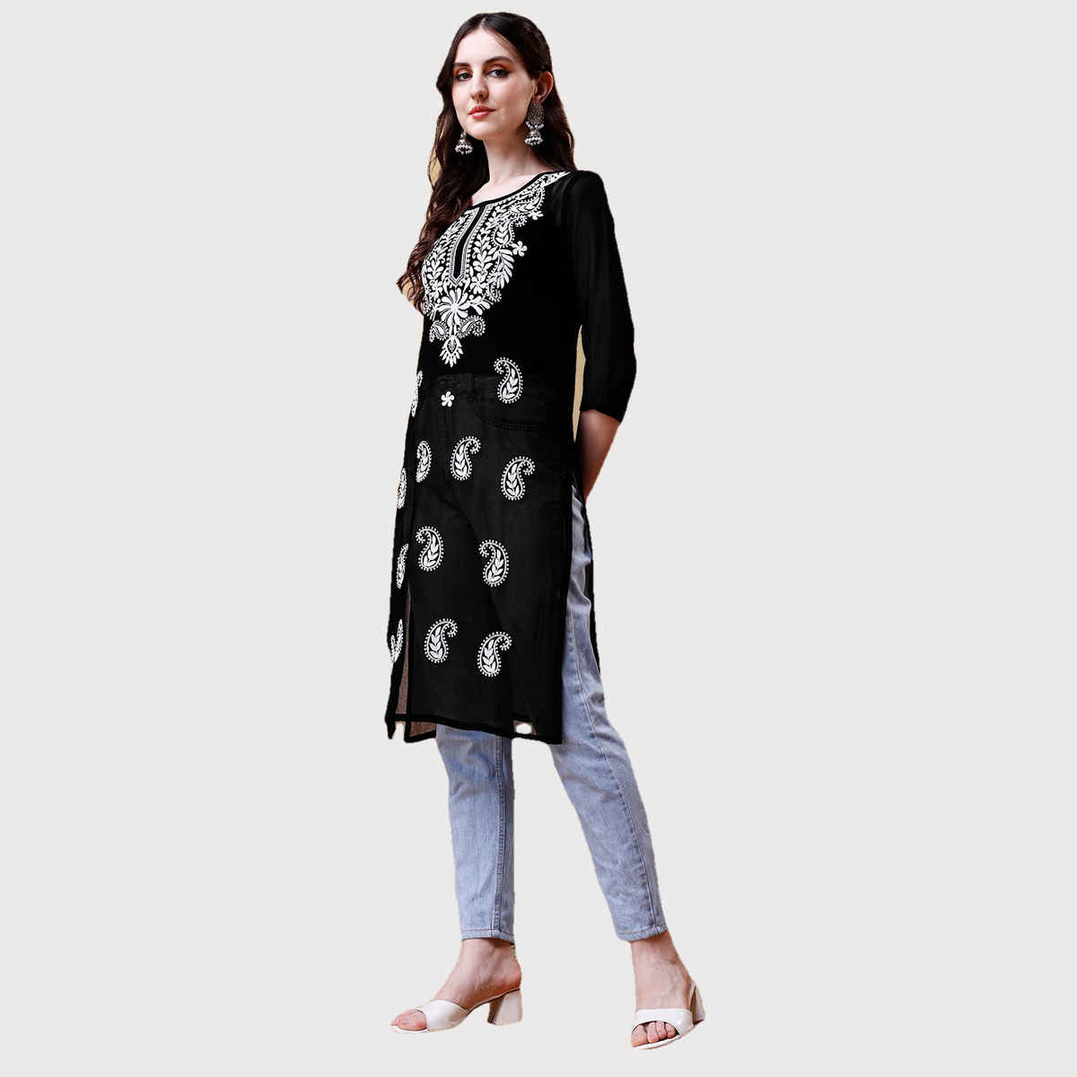 Youthnic Women Chikan Embroidery Short Kurti | B53 - Jini Black | M