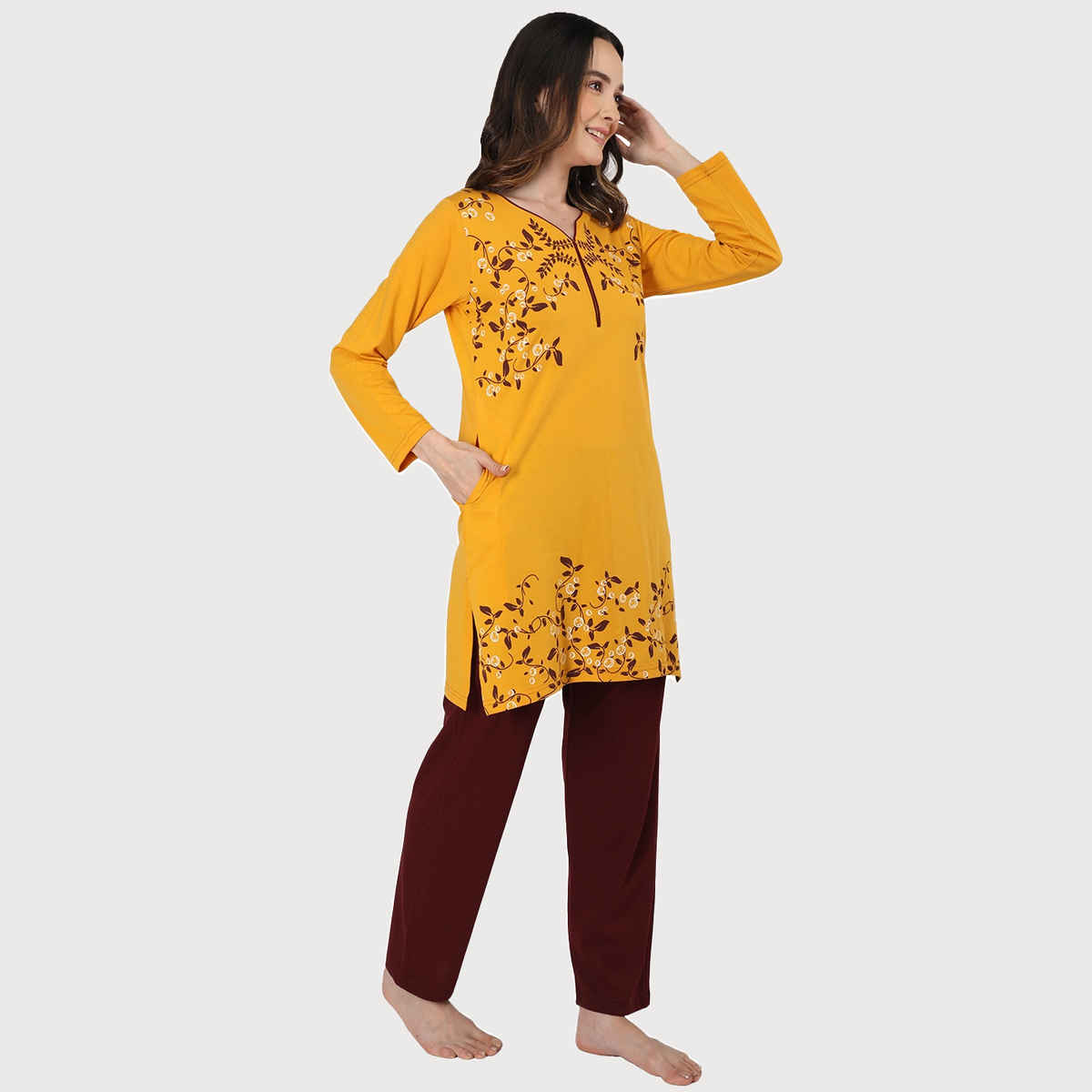 Duchess Women s Cotton Regular Fit Printed & Embroided Long Length Night Suit Set | Mustard - XL
