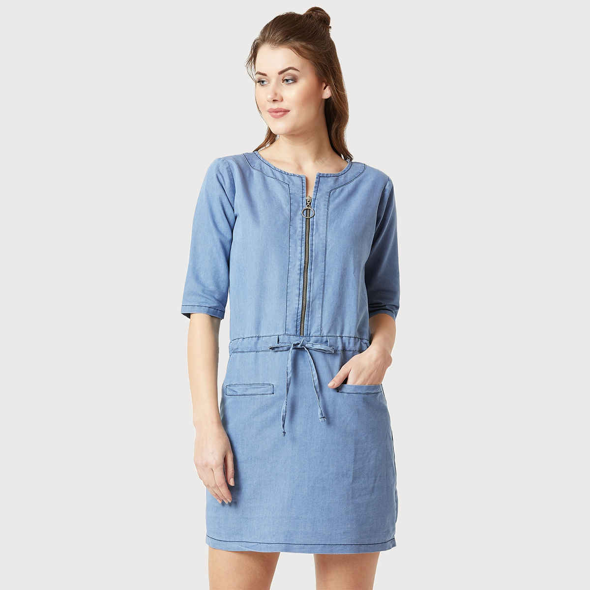 Miss Chase Women Polo Neck 3/4 Sleeve Denim Solid Midi Shift Dress | Light Blue | S