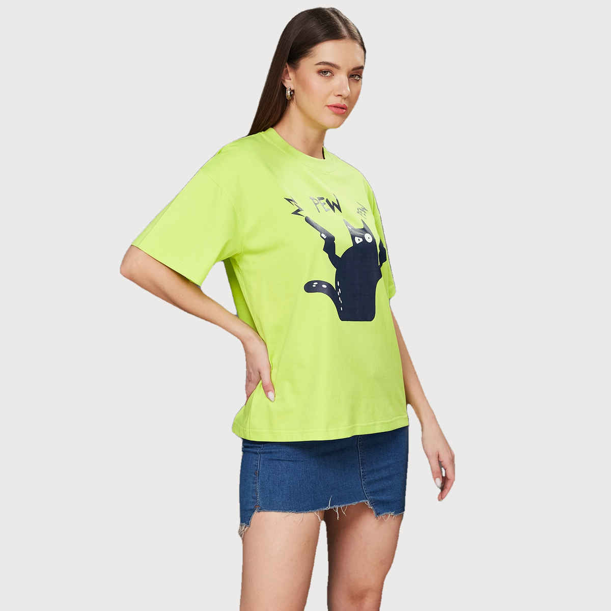 Miss Chase Women s Pew Pew Cat Oversized Tee Lime Green | XL
