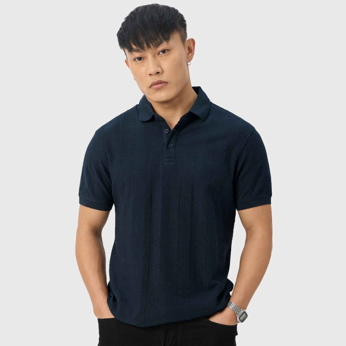 The Souled Store Men's Regular Textured Polo - Navy Polos | S