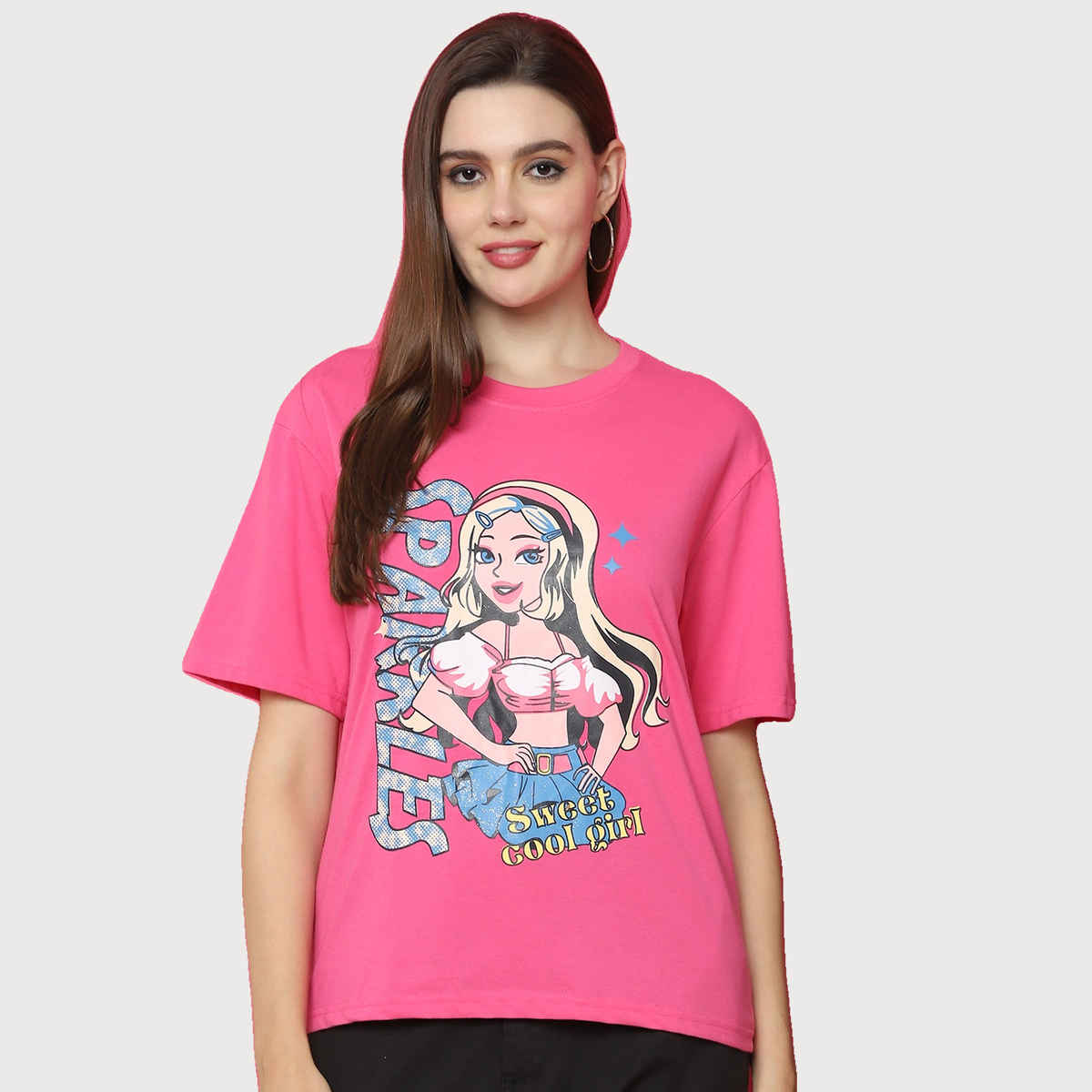 Fabflee Women Oversize Cotton Printed Round Neck Tshirt | Pink | FAB-OS-522 | XL