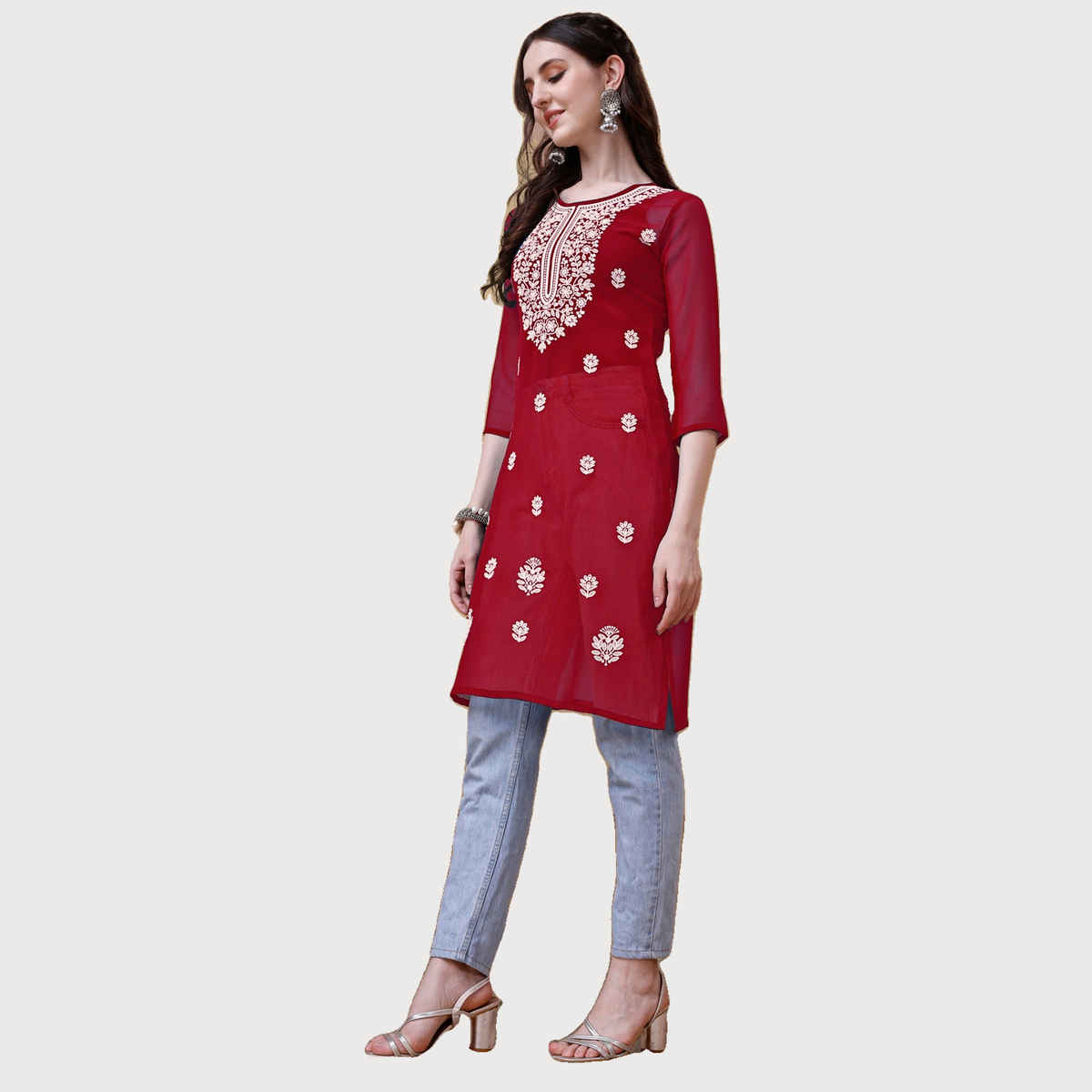 Youthnic Georgette Embroidered Embroidered Straight Short Kurti | B54 - Taara Maroon | L