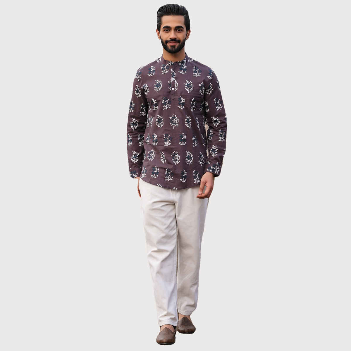 Sanskrutihomes Mandarin Collar Floral Printed Summer Sheers Cotton Short Kurta for Men | Grey | XL