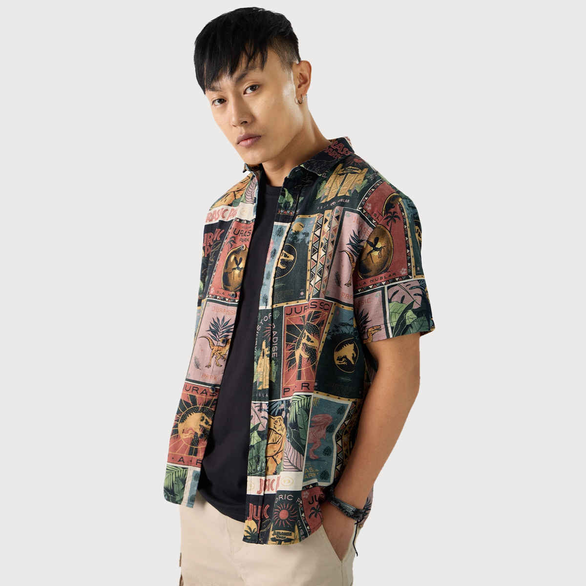 The Souled Store Men's Regular Jurassic Park - Dino Welcome Holiday Shirts | Multicolor | S