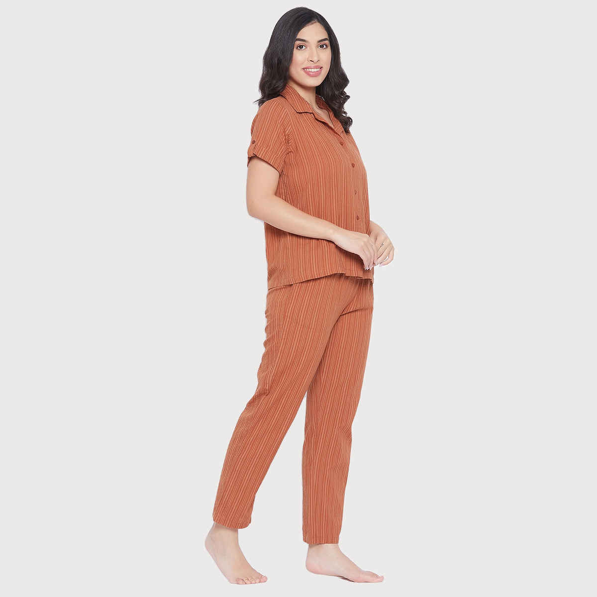 Clovia Women's Sassy Stripes Button Down Shirt & Pyjama - Cotton | LS0385D06 | Brown - XL