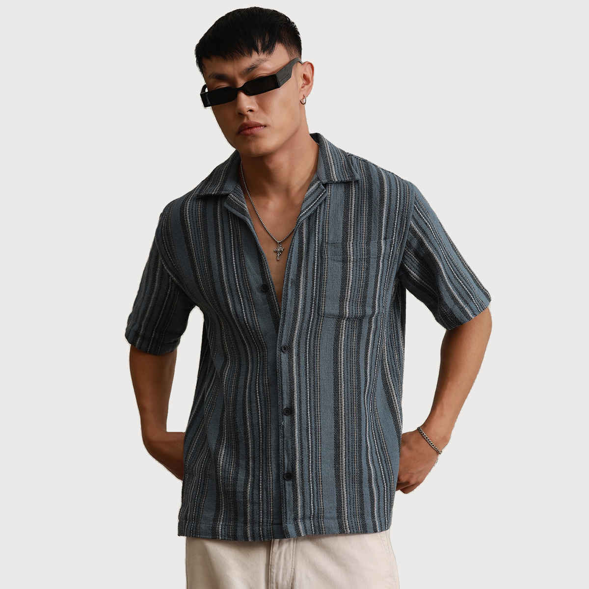 Hubberholme Men's Relaxed Vertical Striped Resort Collar Crochet Cotton Shirt | Multicolor - 42