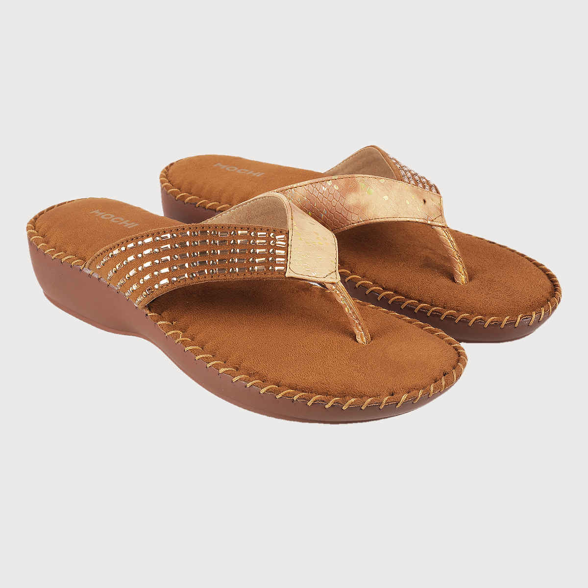 Mochi Women Antique Gold Color Heel Slip On Ethnic | Size UK 6 | 44-1675