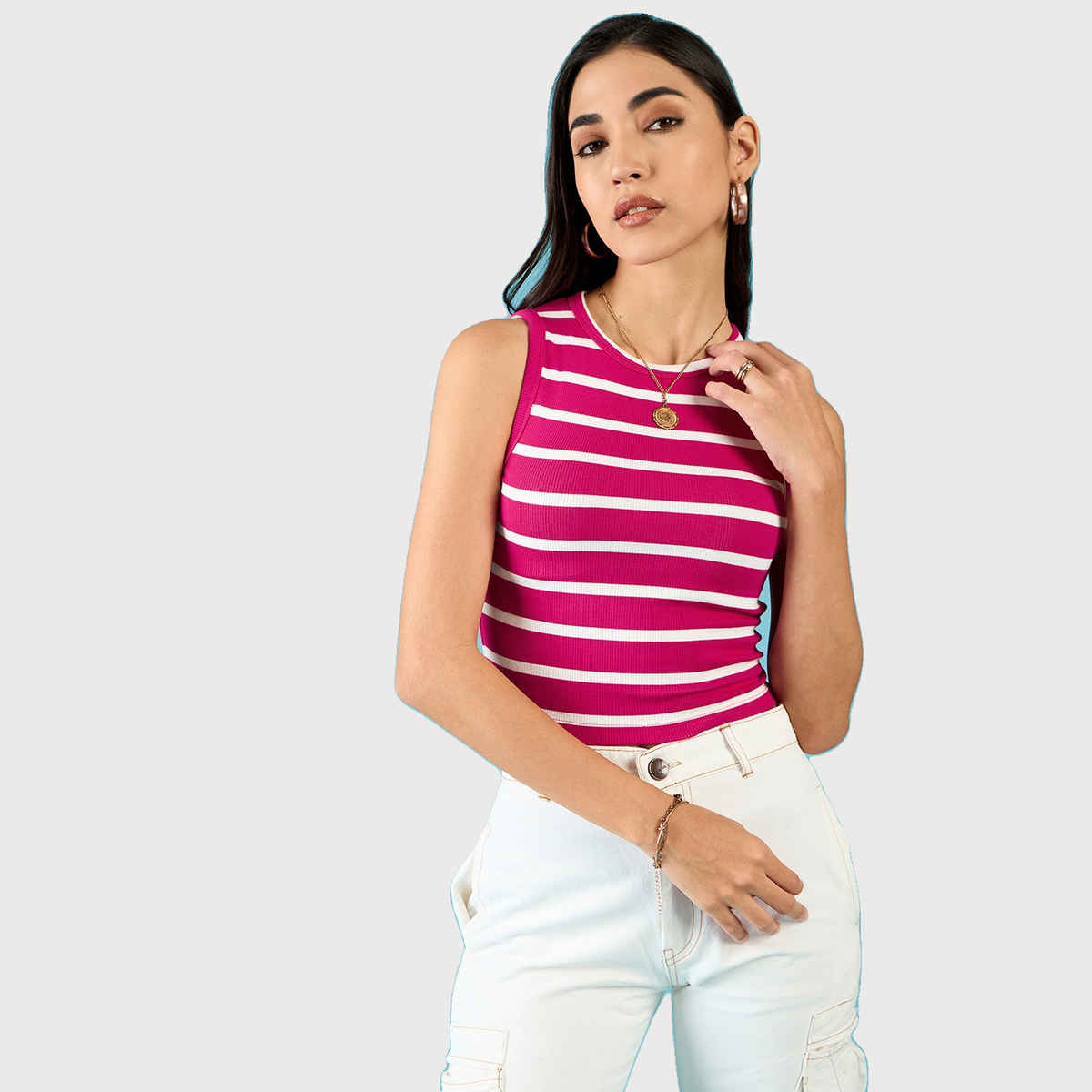 Uptownie Women's Stretchable Ribbed Sleeveless Crop Top | 120018868 | Pink | M