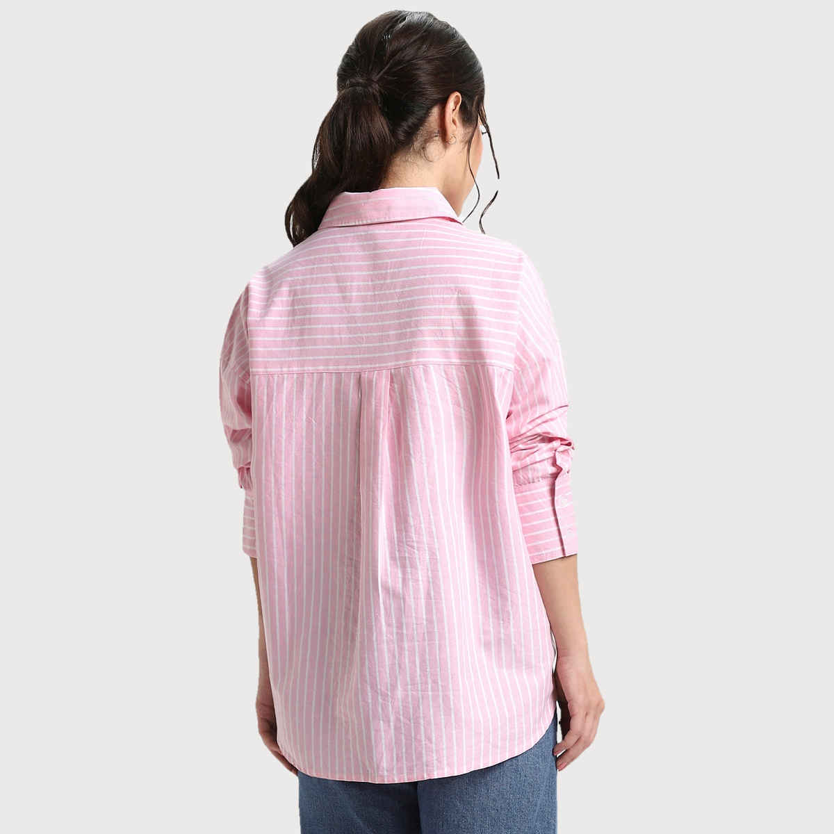DL Women's Oversized Vertical Stripes Pure Cotton Oxford Casual Shirt | DLWSHW23001 | Pink - XL