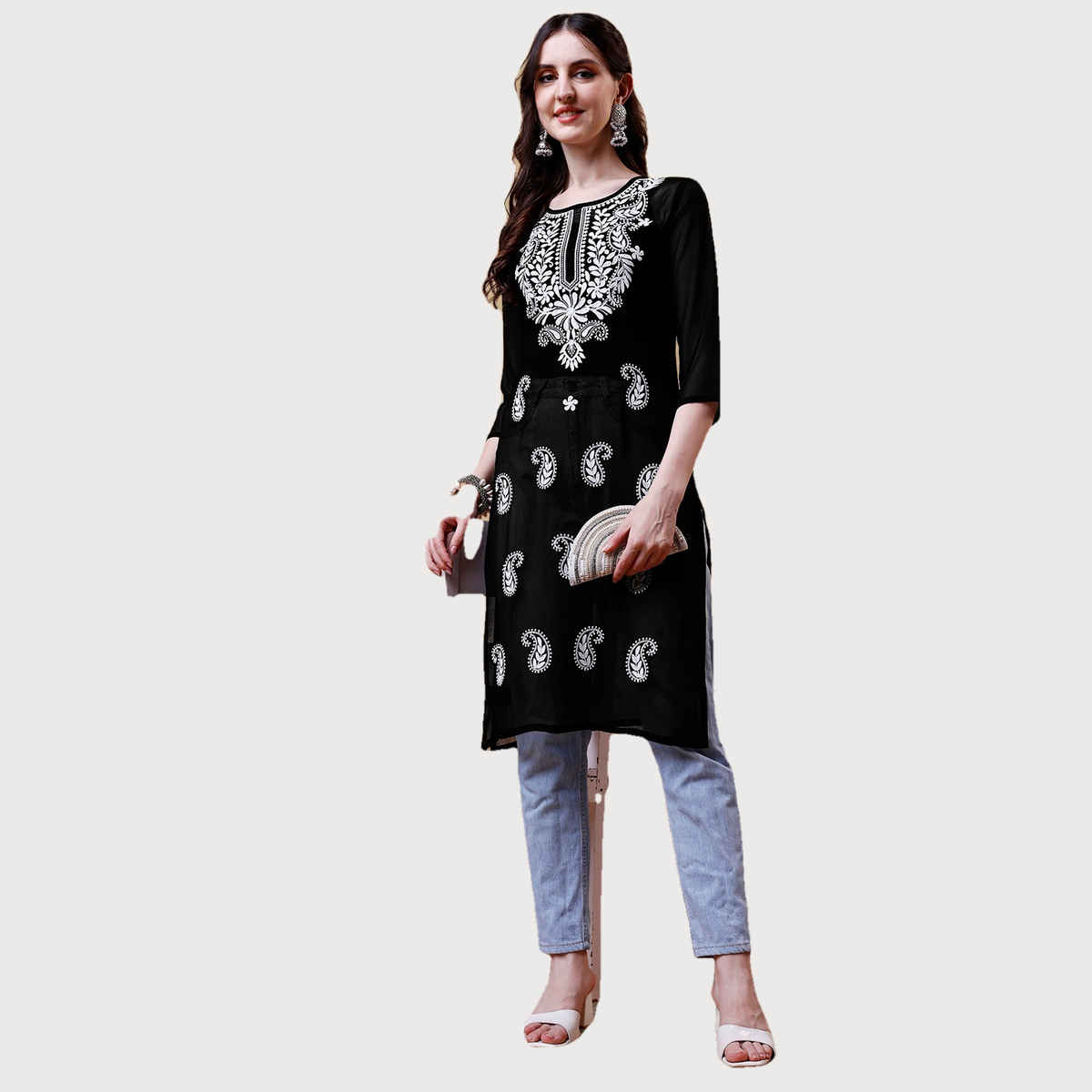 Youthnic Women Chikan Embroidery Short Kurti | B53 - Jini Black | M