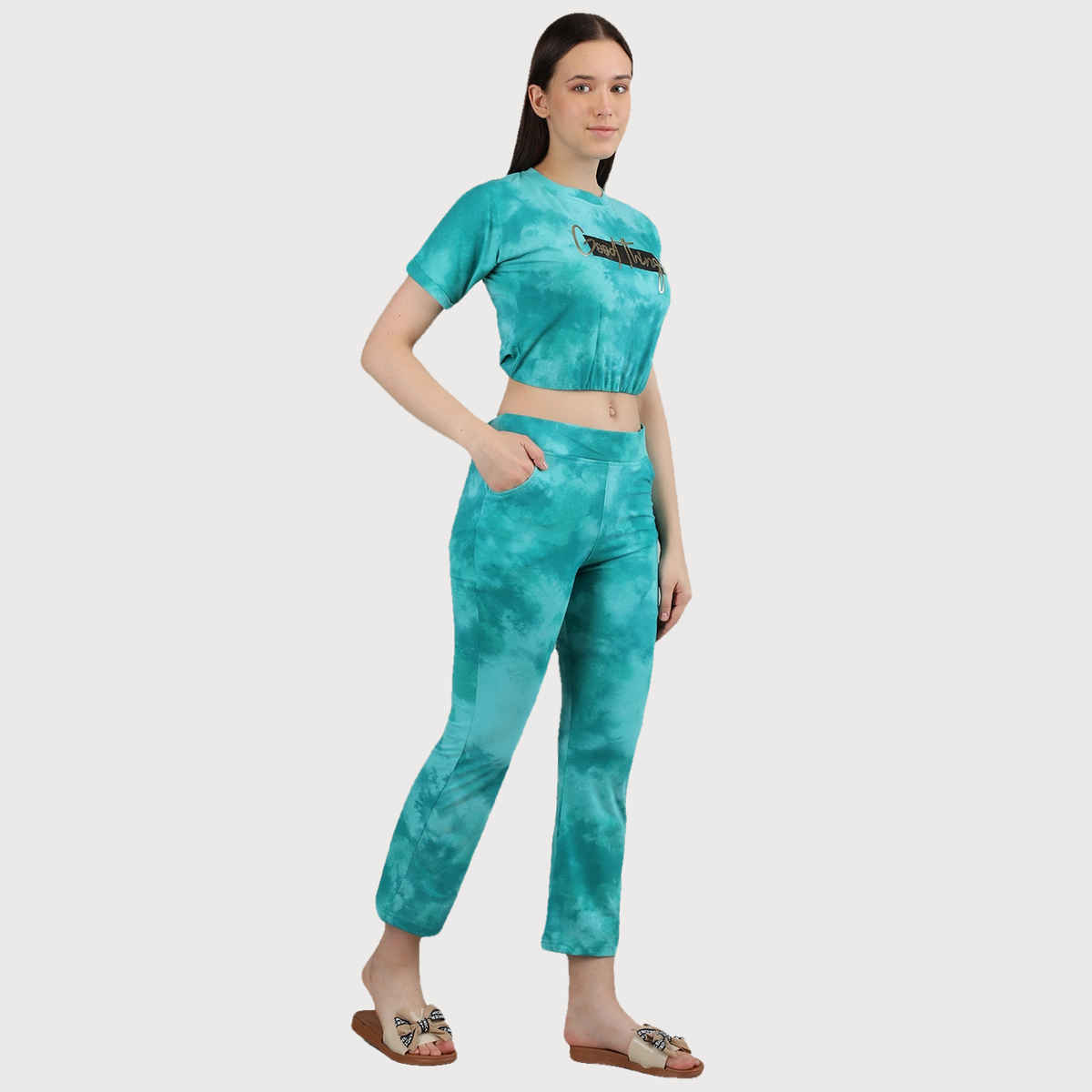 Duchess Women's Cotton Round Neck Printed top & Pyjama Co-ord Set | Light Cream Green - XL