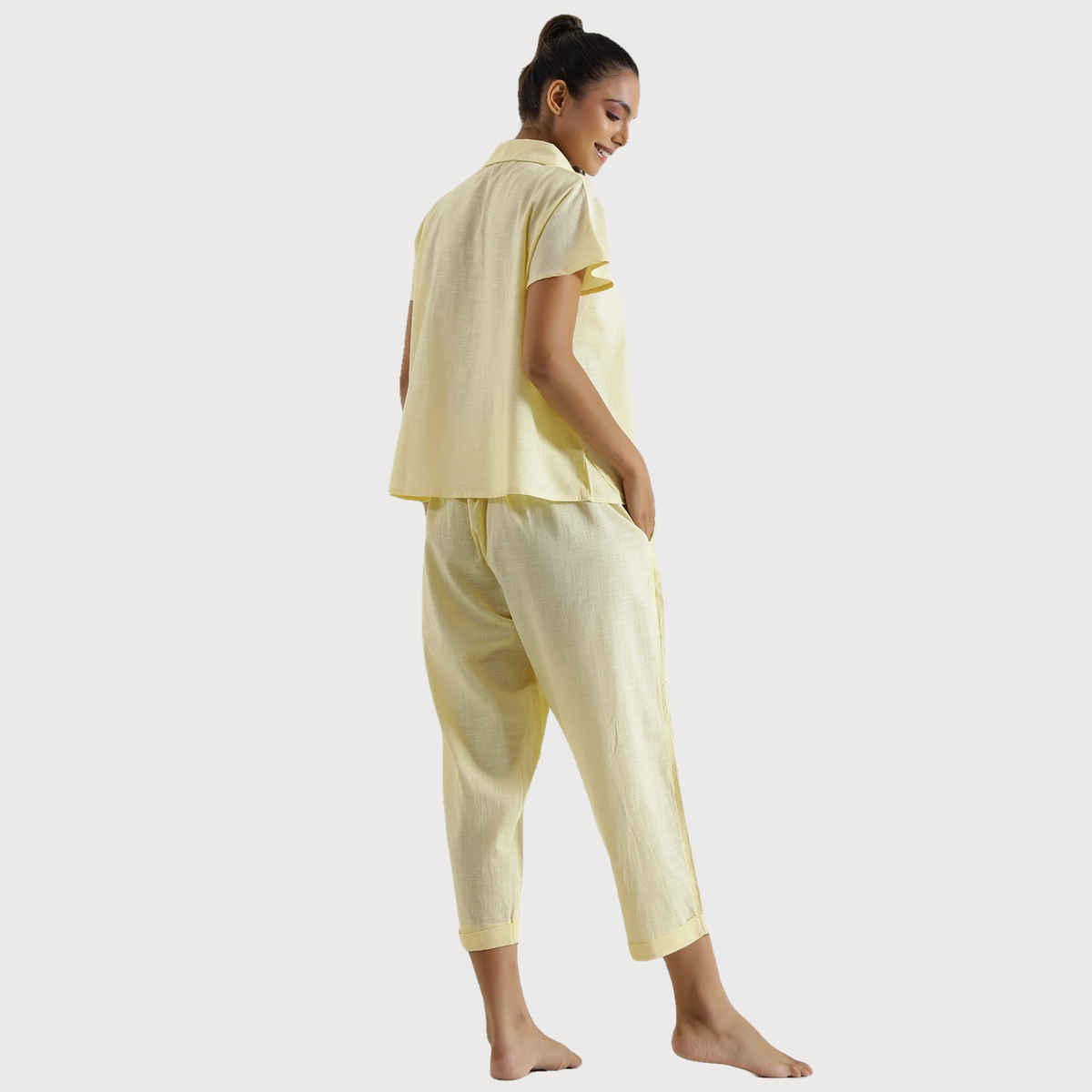 Sanskrutihomes Pure Cotton Shirt Collar Night Suit | Yellow | S