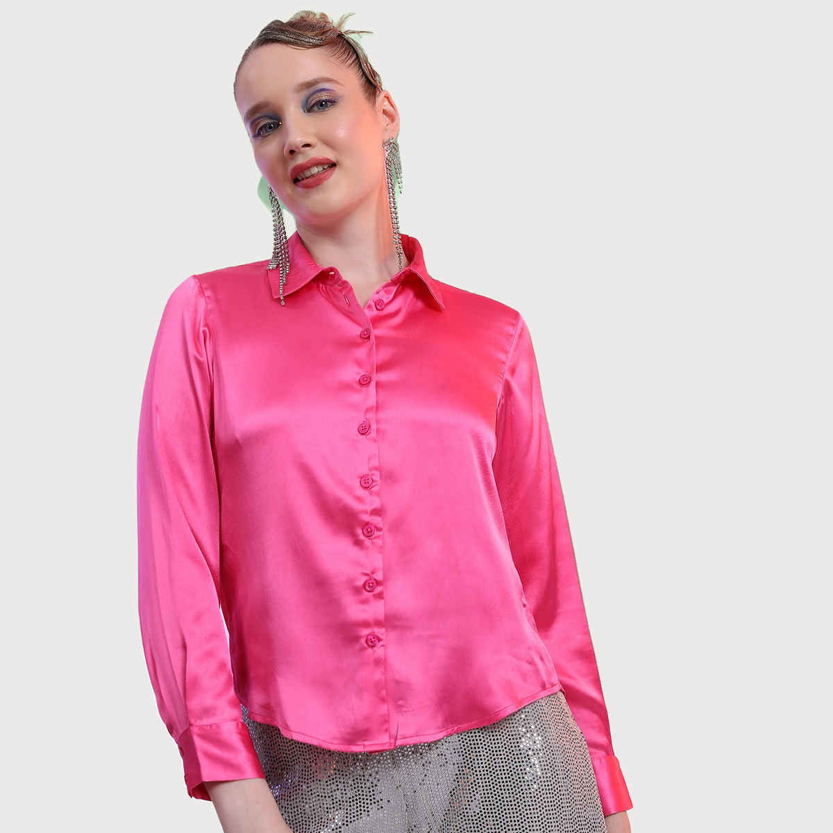 Tokyo Talkies Women's Spread Collar Satin Casual Shirt | Pink - XL