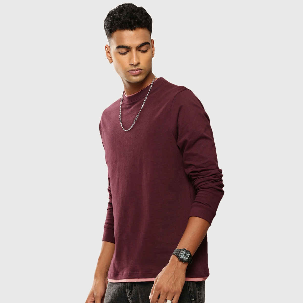 Dillinger Men's T-shirt Long Sleeve Airtex Fabric Crew Neck Regular Fit | Burgundy - M