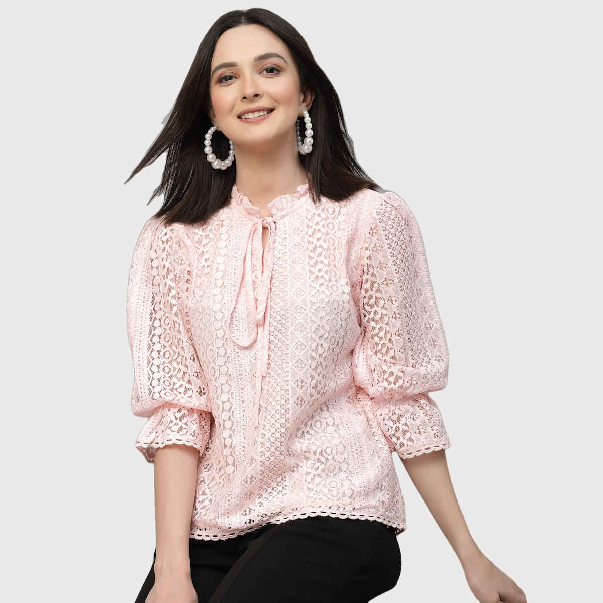 Style Quotient Women Peach Self Design Lace Regular Smart Casual Top | XL | SS23SQSIKKIM - Peach