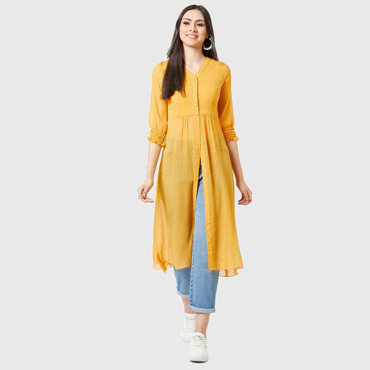 Miss Chase Twist The Victorian Sleeve Maxi Slit Top | Mustard-Yellow - L