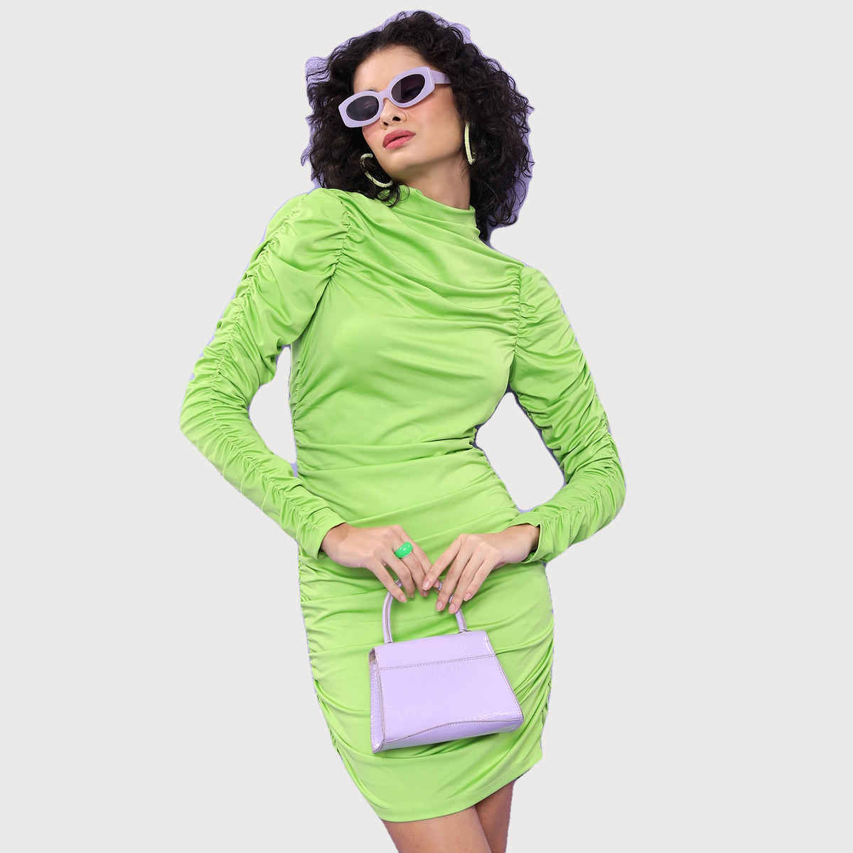 Ketch Women's High Neck Puff Sleeve Gathered Ruched Bodycon Dress | Green - XL
