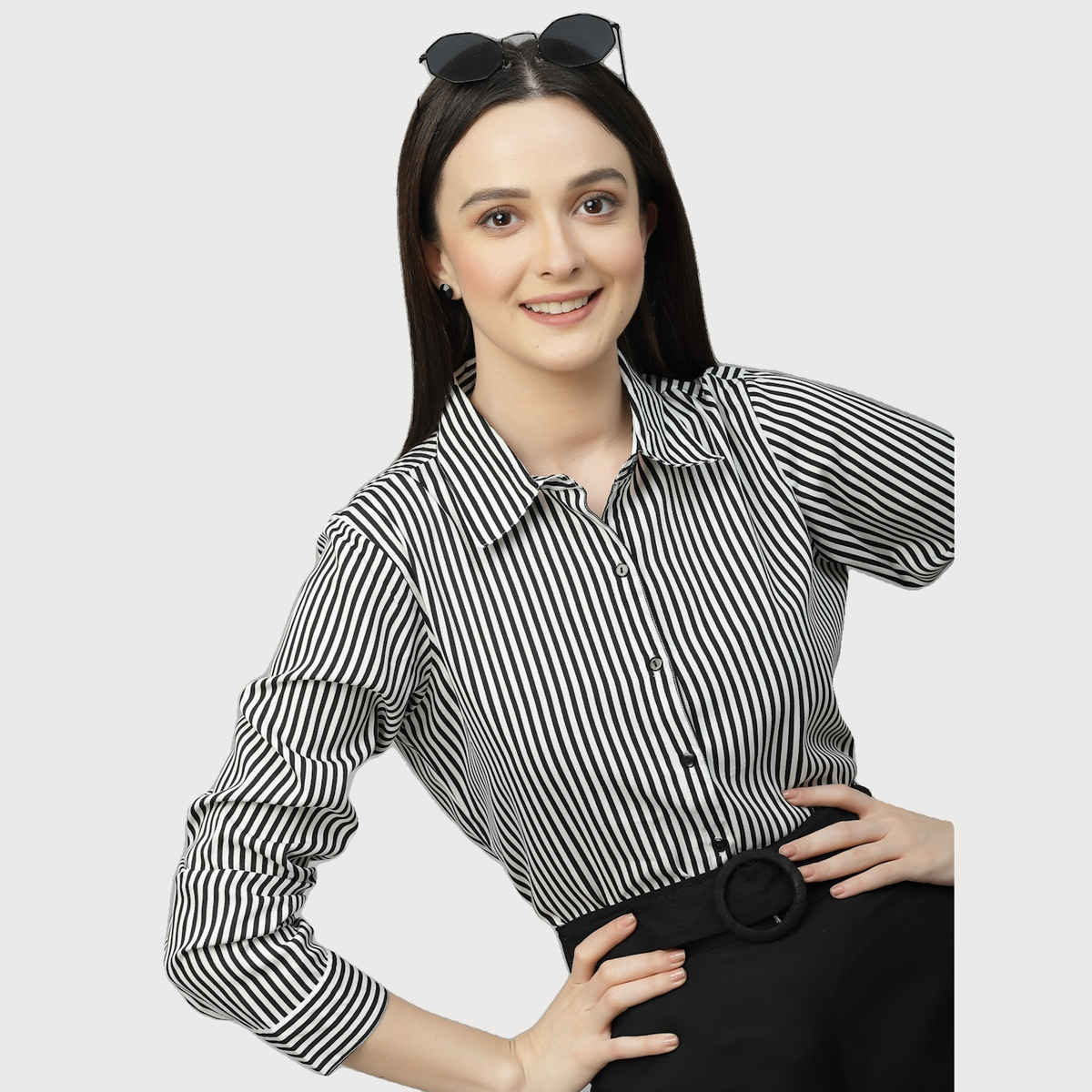 Style Quotient Women Black-White Stripe Polyester Casual Shirt | XL | SS23SQARTHA03 - Black/White