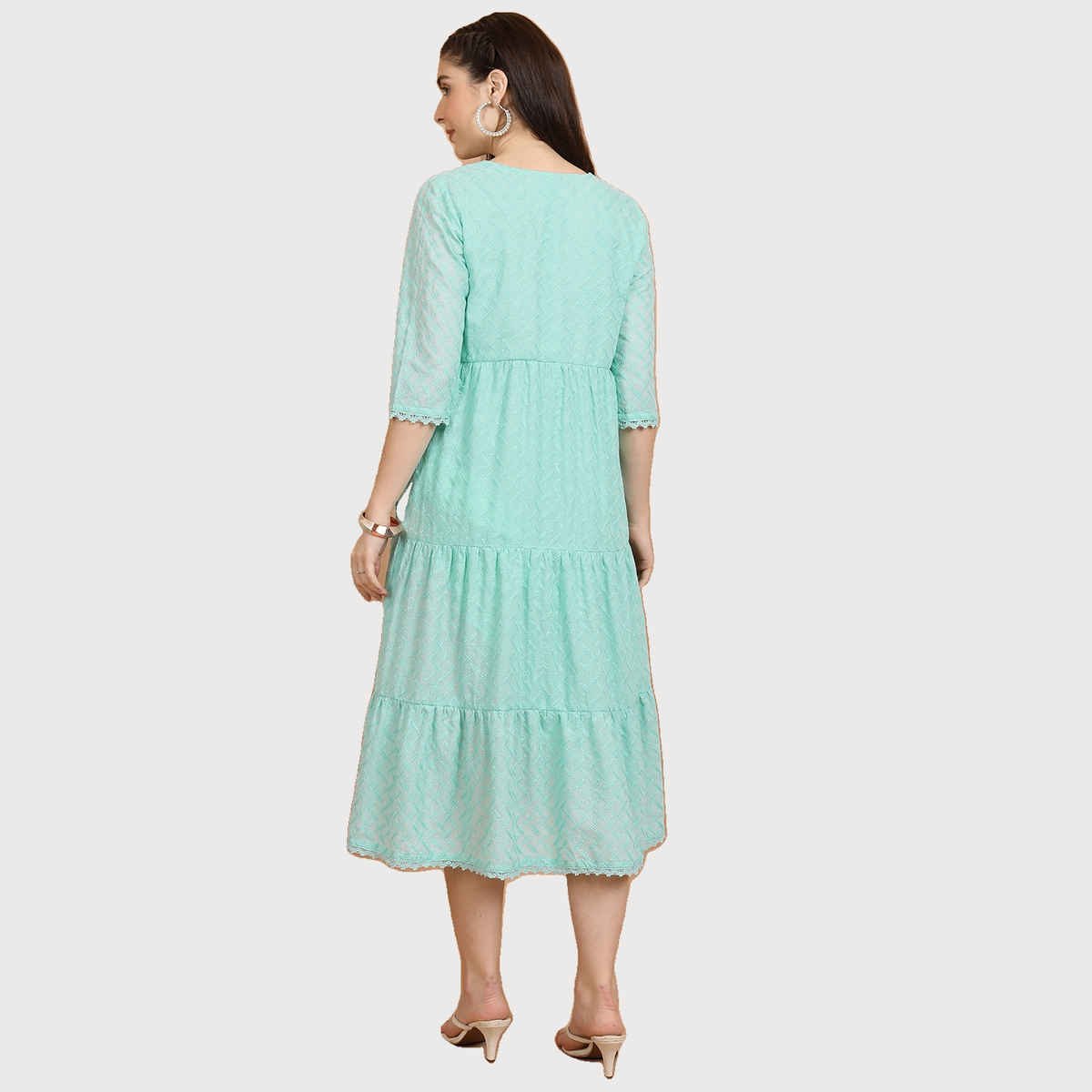 Ketch Women Self Designed Keyhole Neck A-Line Midi Dress | Sea Green | S
