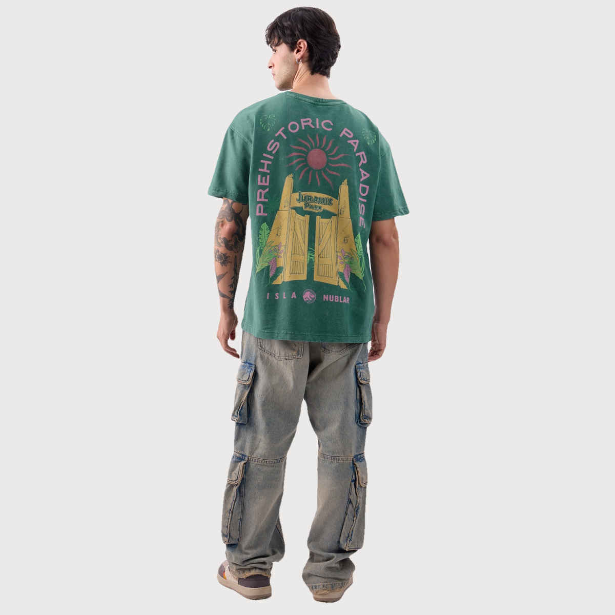 The Souled Store Men's Jurassic Park Prehistoric Paradise Vintage Oversized T-shirt | Green - S