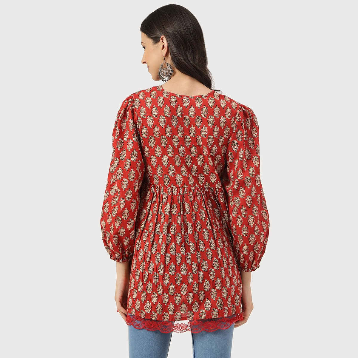 Divena Women's Floral Cotton Pemplum Style Tunic | DK0900 | Red | L