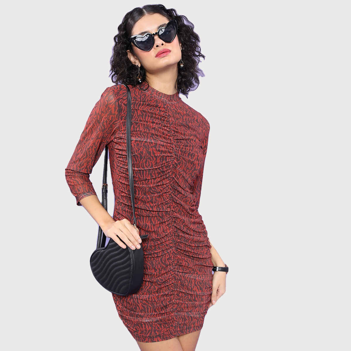 Ketch Women's Animal Printed High Neck Gathered Ruched Bodycon Mini Dress | Brown - S