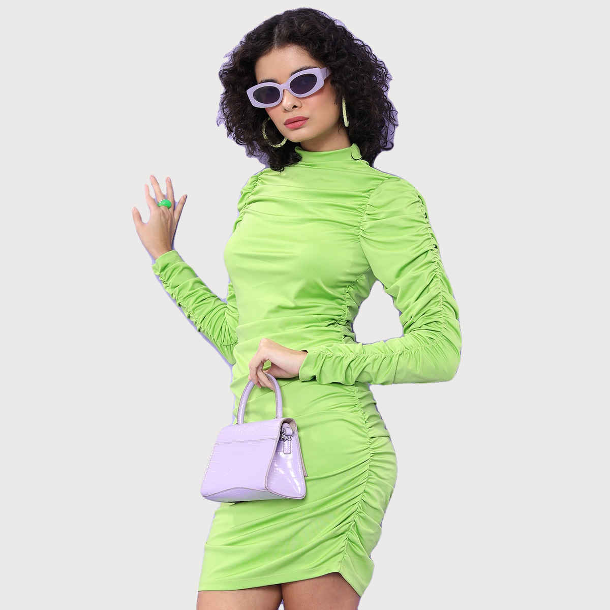 Ketch Women's High Neck Puff Sleeve Gathered Ruched Bodycon Dress | Green - XL