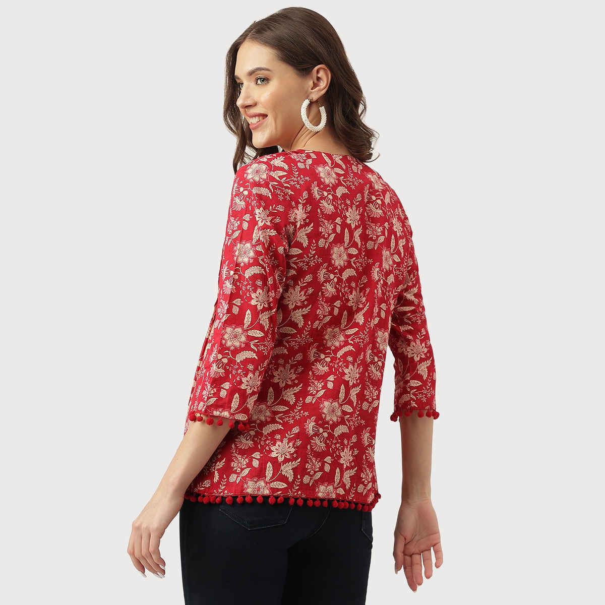 Divena Women s Red Floral Printed Cotton Peplum Tunic DK0966 | XL