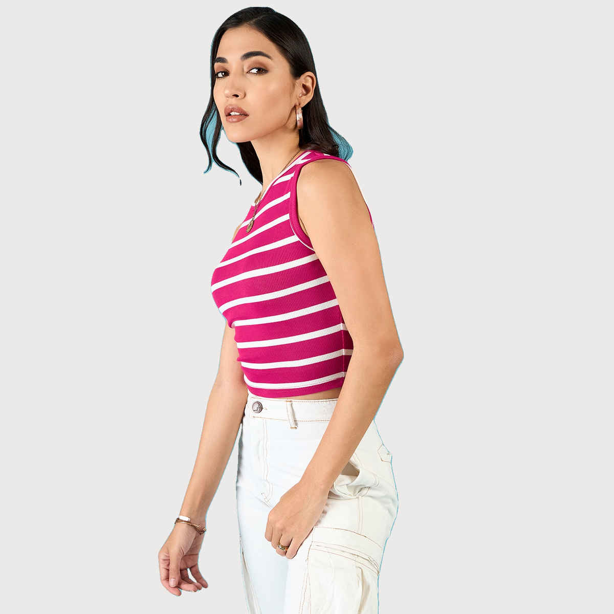 Uptownie Women's Stretchable Ribbed Sleeveless Crop Top | 120018868 | Pink | M