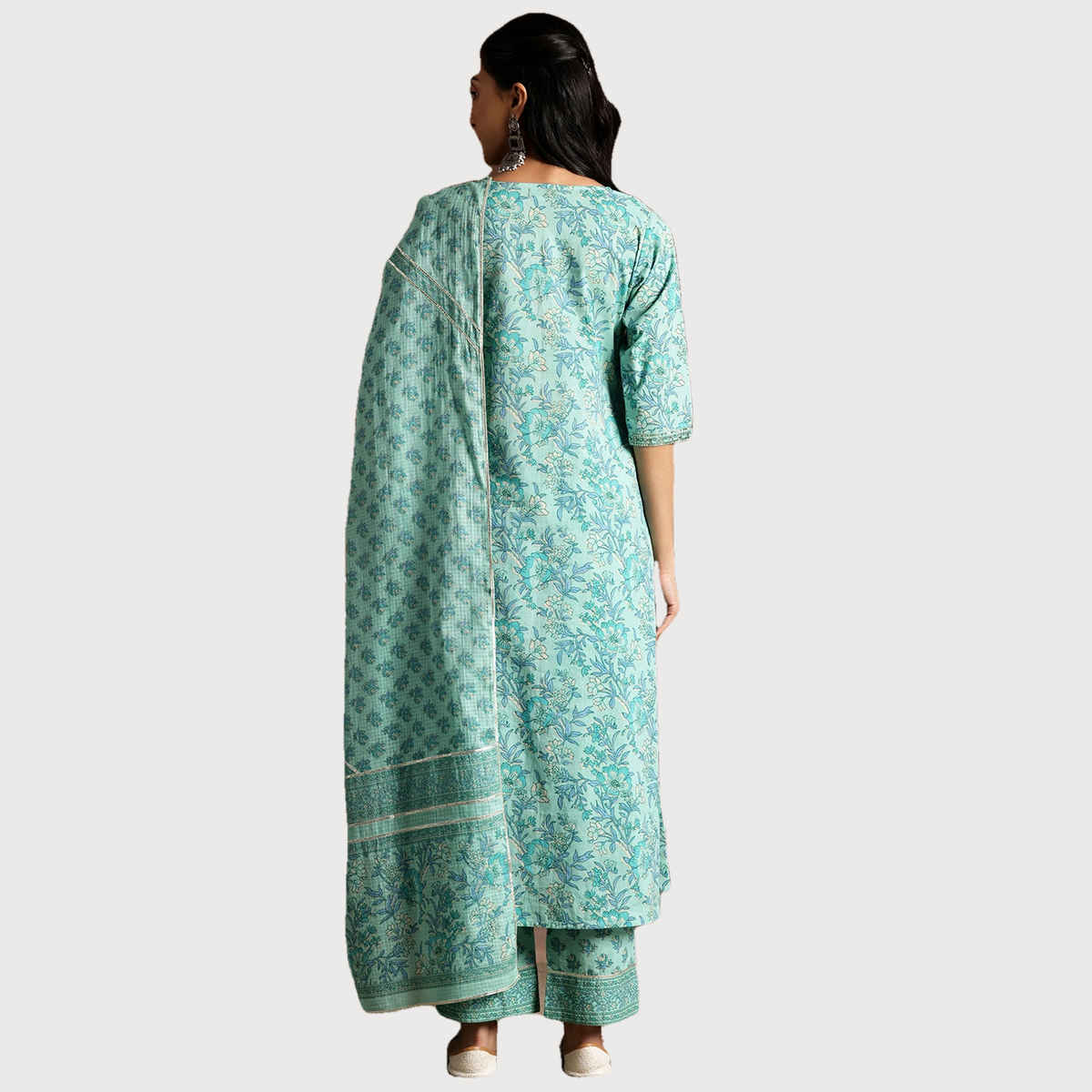 Libas Women's Turquoise Printed Cotton A-Line Kurta With Palazzos & Dupatta | S