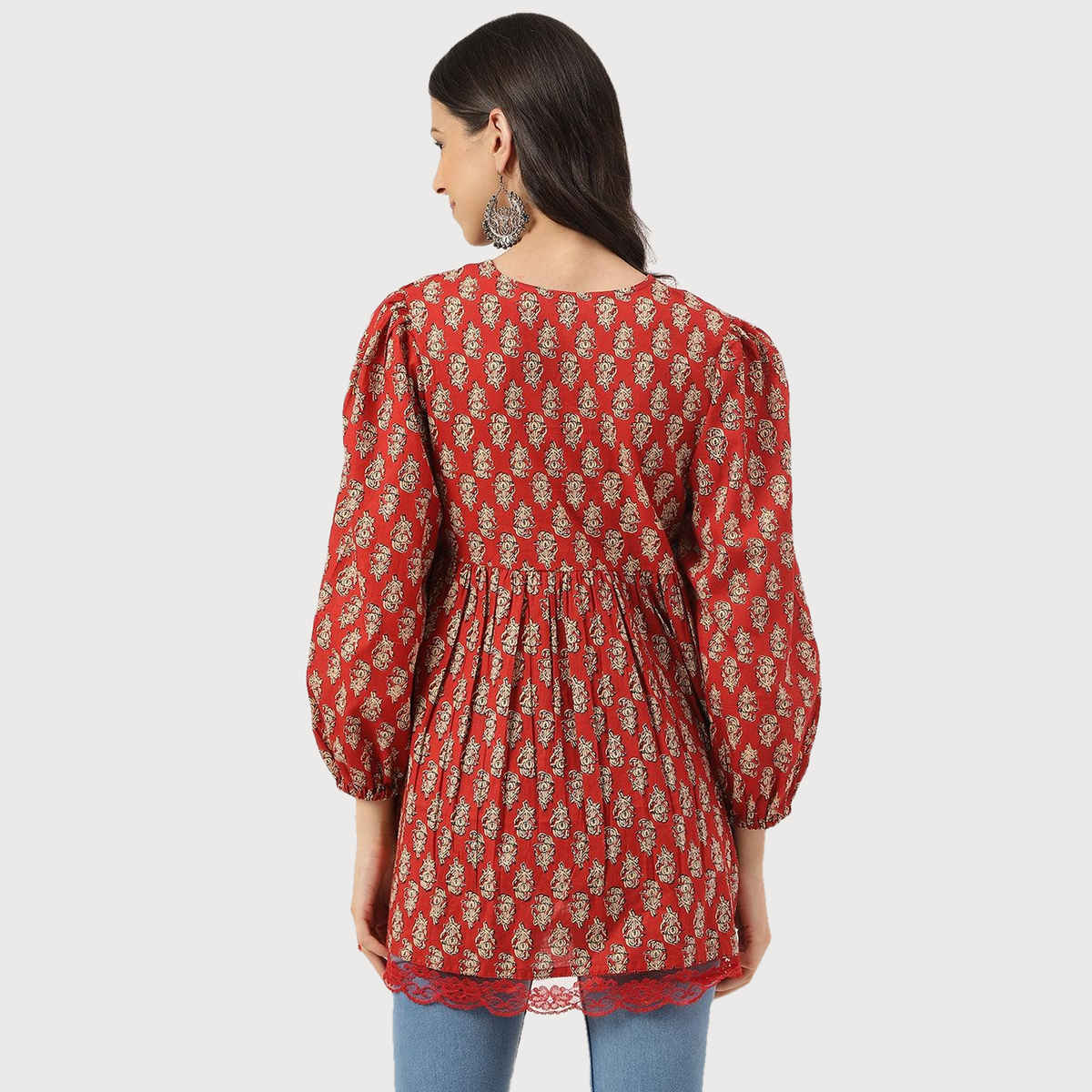 Divena Women's Floral Cotton Pemplum Style Tunic | DK0900 | Red | XL