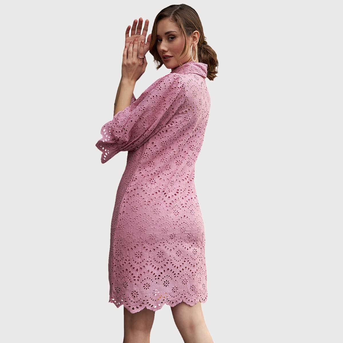 Athena Women's Self Design Schiffli Cotton Shirt Dress Pink - XL