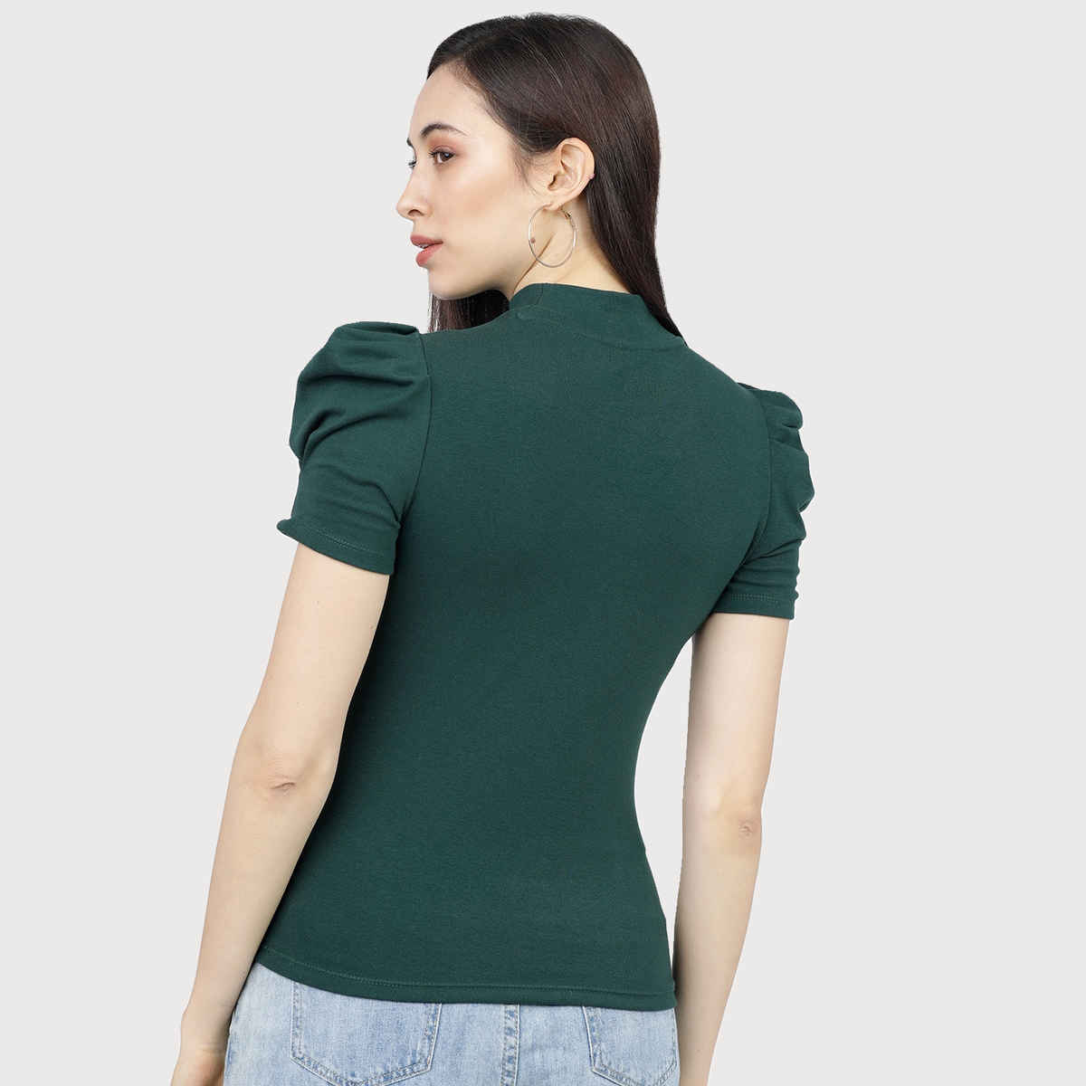 Tokyo Talkies Women's Puff Sleeve High Neck Fitted Top | Green - L