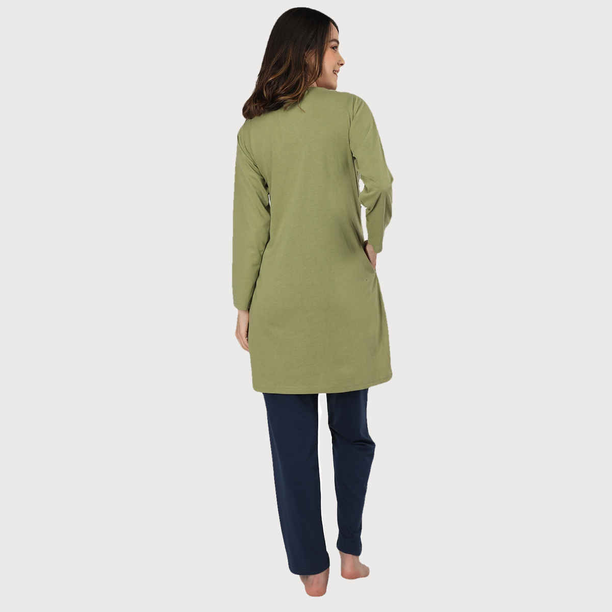 Duchess Women s Cotton Regular Fit Printed & Embroided Long Length Night Suit Set | Sage Green - L