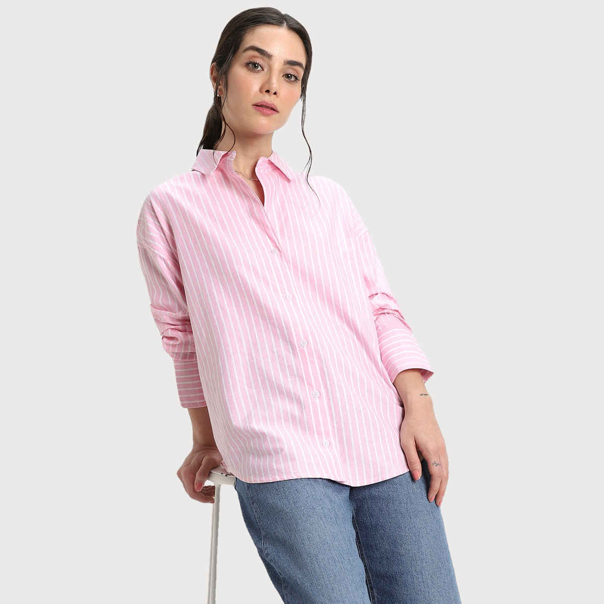 DL Women's Oversized Vertical Stripes Pure Cotton Oxford Casual Shirt | DLWSHW23001 | Pink - XL