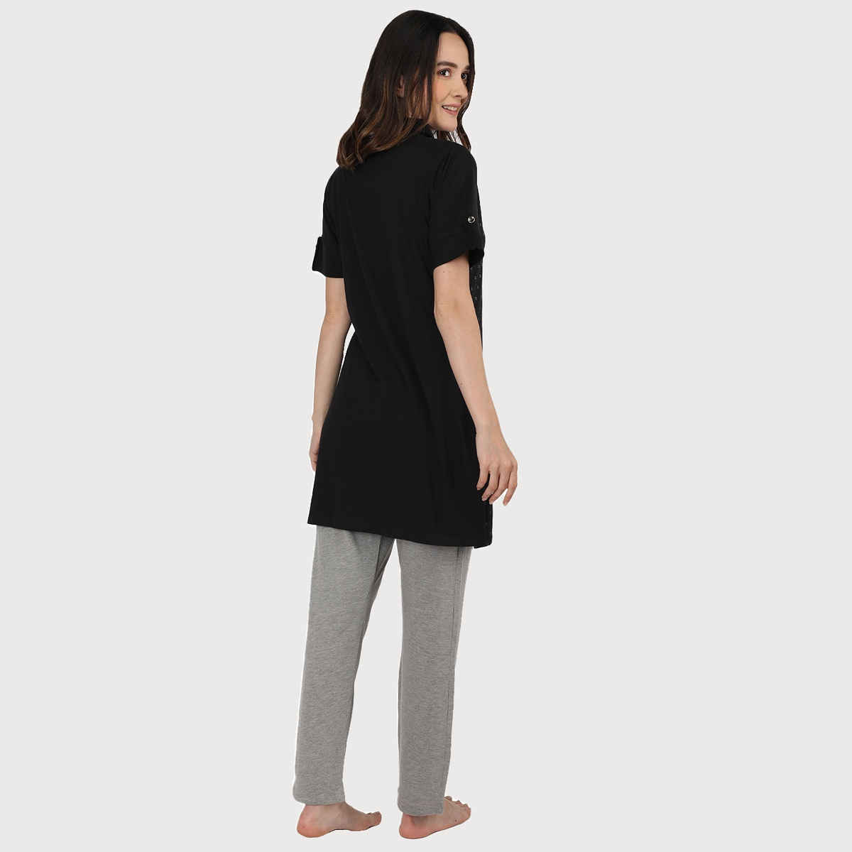 Duchess Women s Cotton Regular Fit Printed-Embroided Long Night Suit Set | Black | 3XL