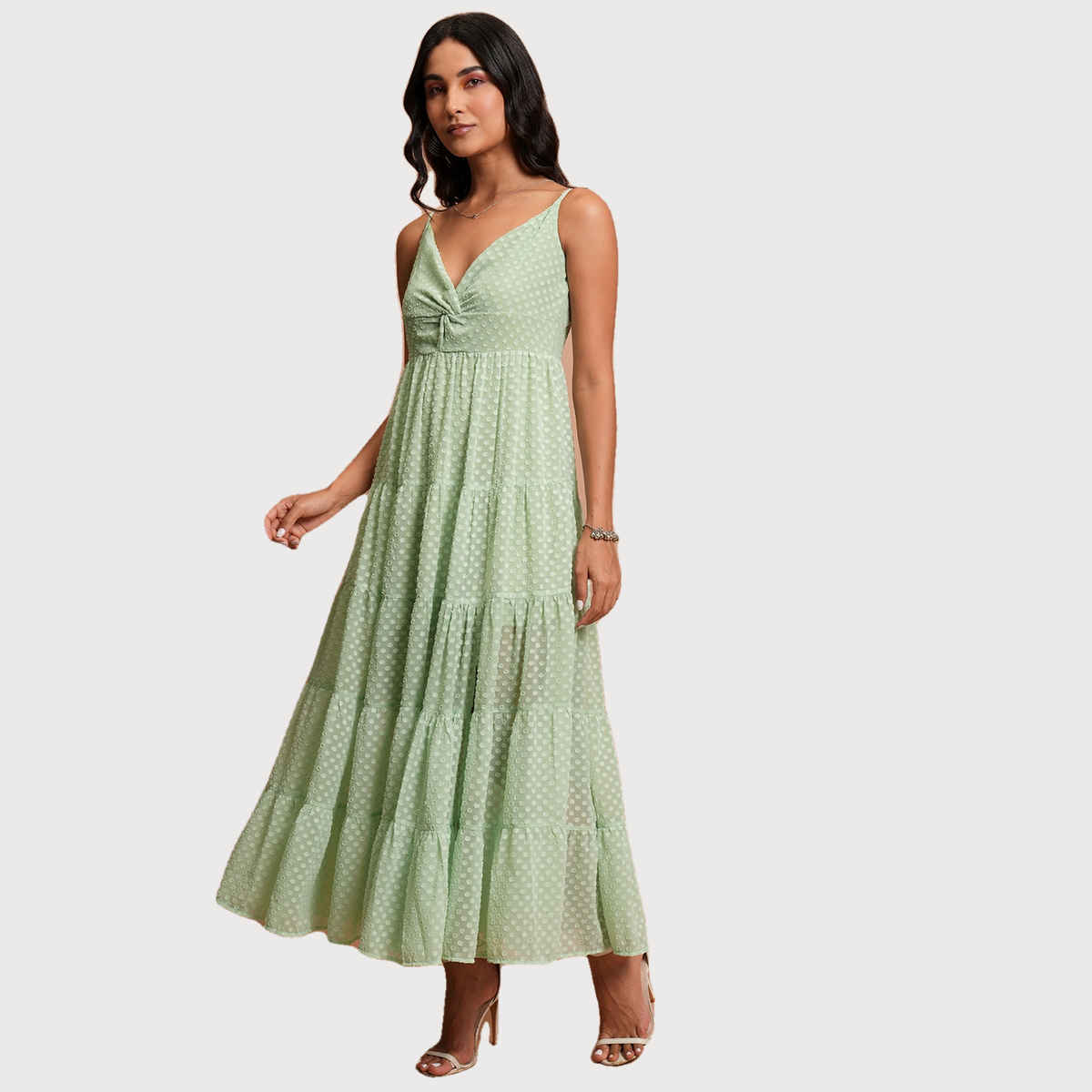 Ketch Women's Self Design Shoulder Strap Fit & Flare Midi Dress | Green | S