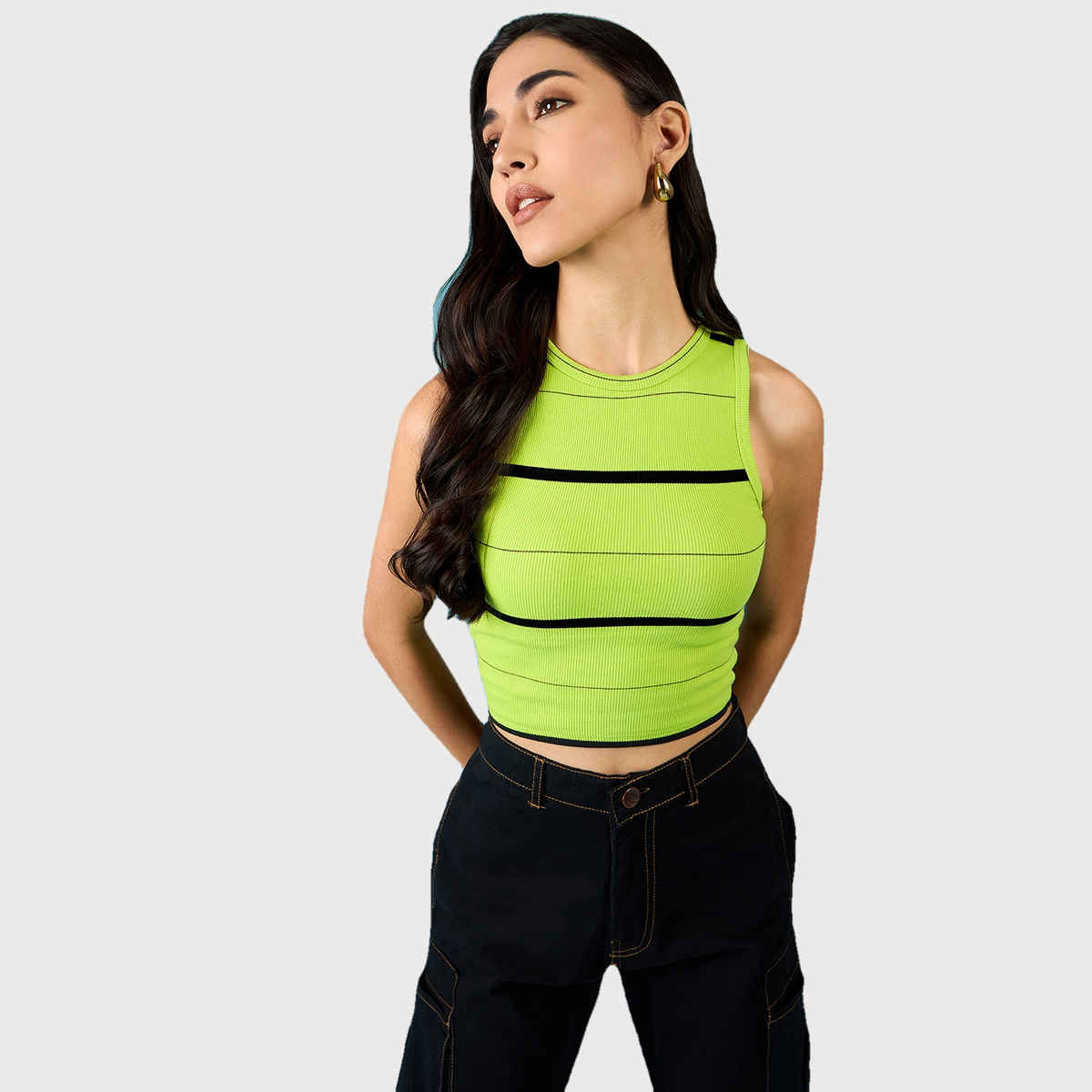 Uptownie Women's Stretchable Ribbed Sleeveless Crop Top | 120018862 | Green | M