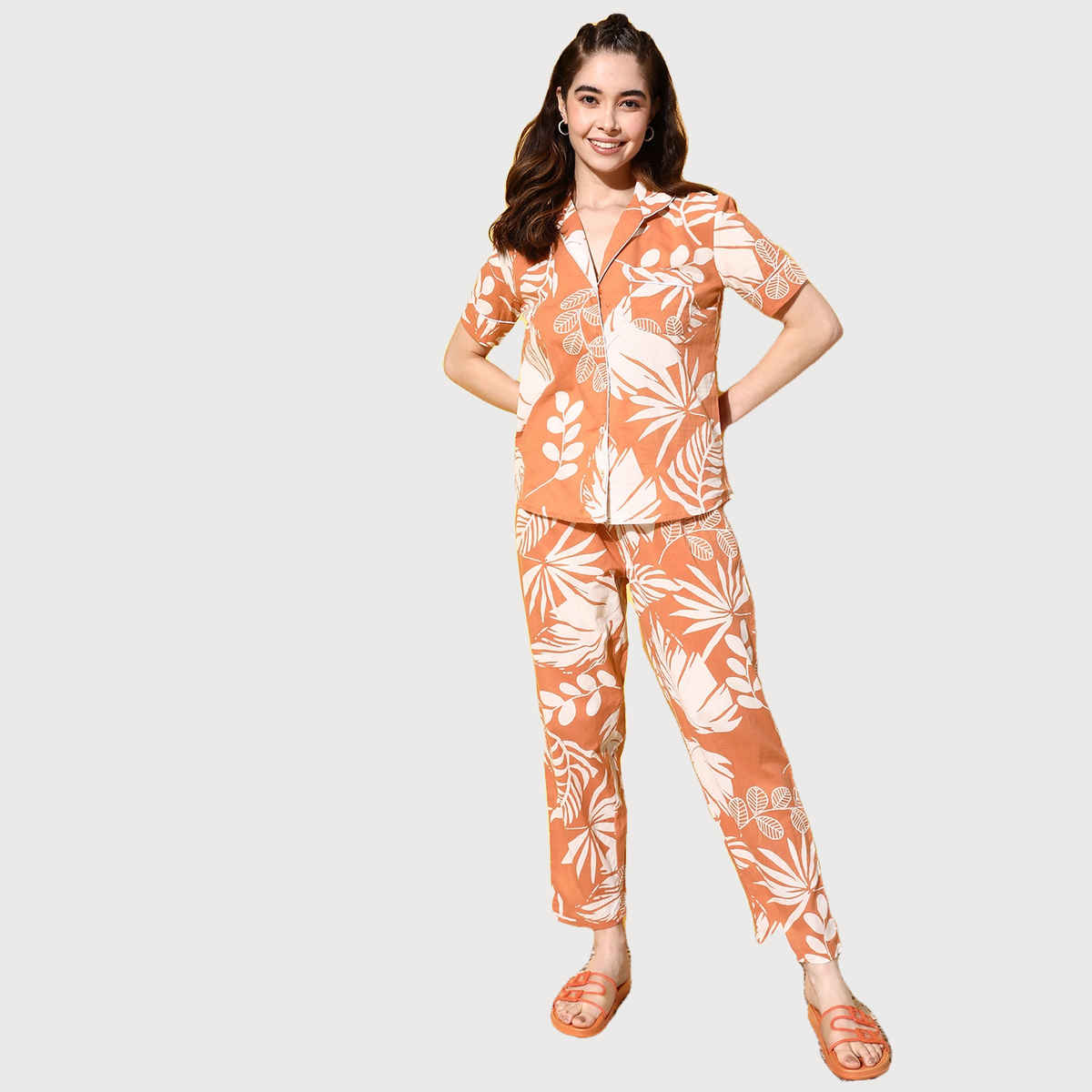 Sanskrutihomes Women Orange & White Pure Cotton Floral Printed Night Suit SE-NSP-92 | M