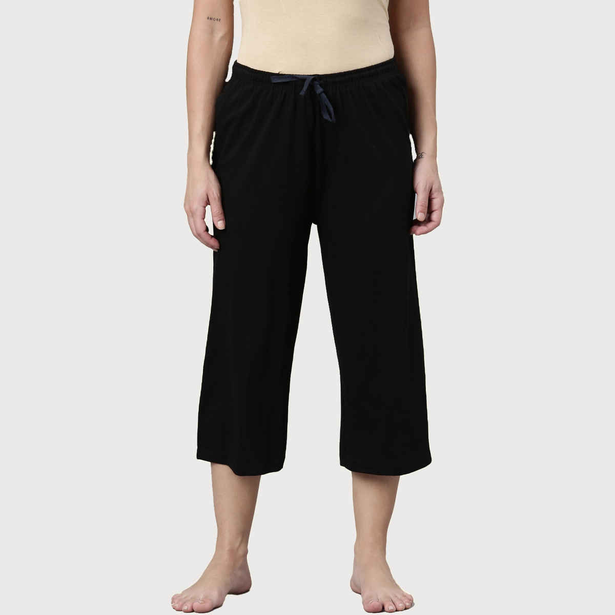 Kryptic Women's Pure Cotton Solid Drawstring Capri | Black - XL