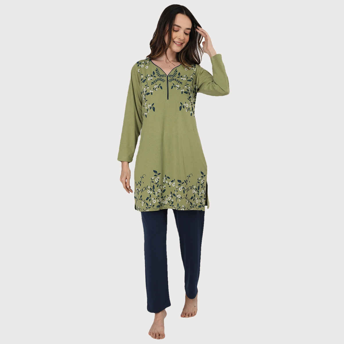 Duchess Women s Cotton Regular Fit Printed & Embroided Long Length Night Suit Set | Sage Green - L